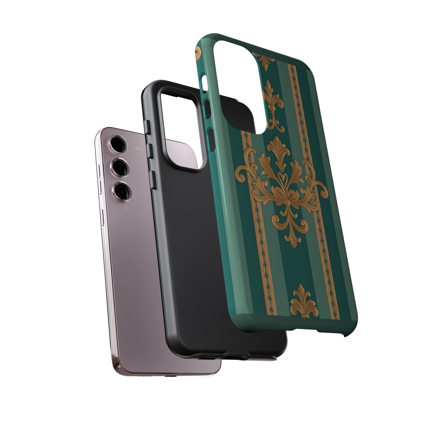 Elegant Floral Motif Phone Case - Tough Cases with Vintage Design - Teal Striped Gold Damask