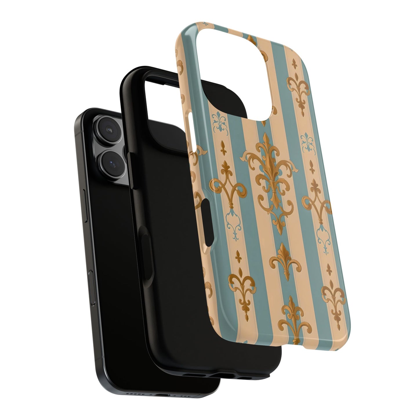 Elegant Floral Motif Phone Case - Tough Cases with Vintage Design -  Beige & Sky Blue Striped Gold Damask