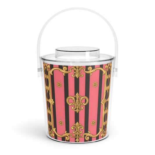 Elegant Vintage Ice Bucket with Tongs, Perfect for Parties, Events, Barware Gift - Pink & Black Striped Gold Baroque