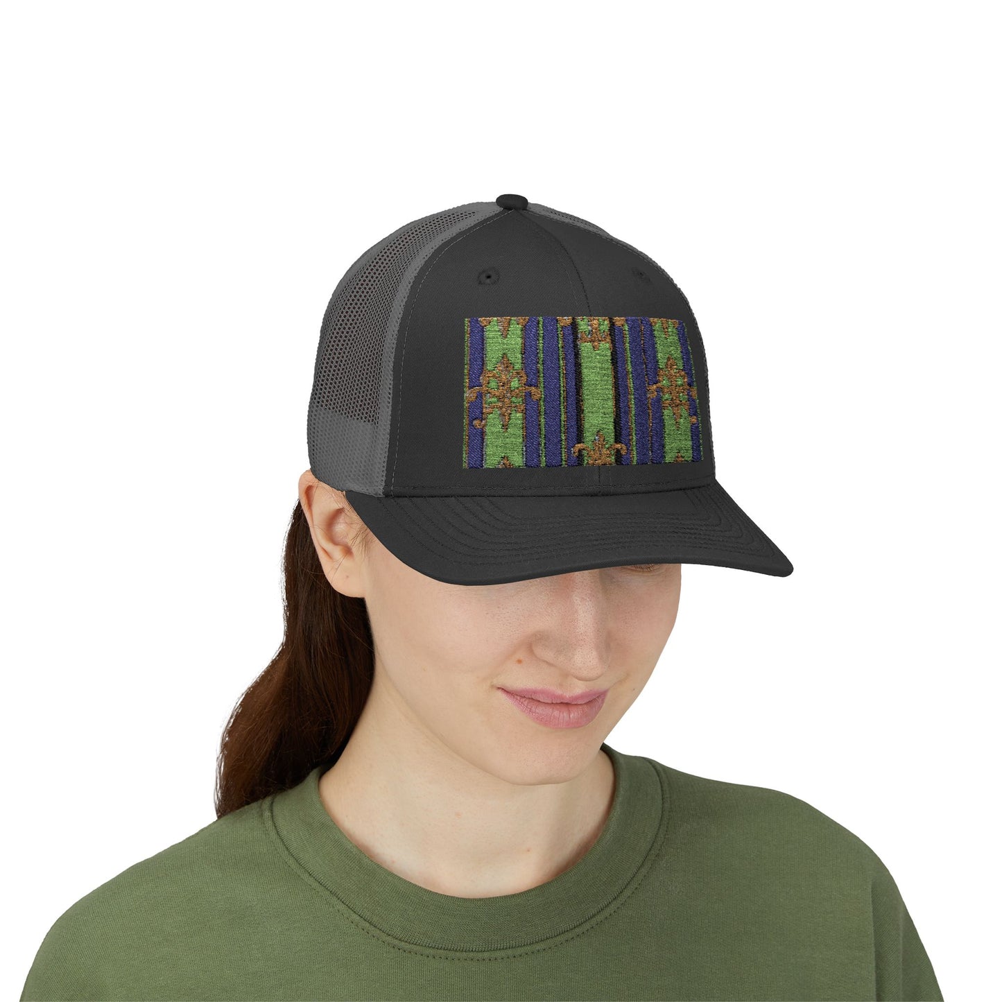 Vibrant Snapback Trucker Cap with Colorful Pattern, Baroque Hat for Festivals, Unisex Cap, Summer Accessory - Green Striped Gold Baroque
