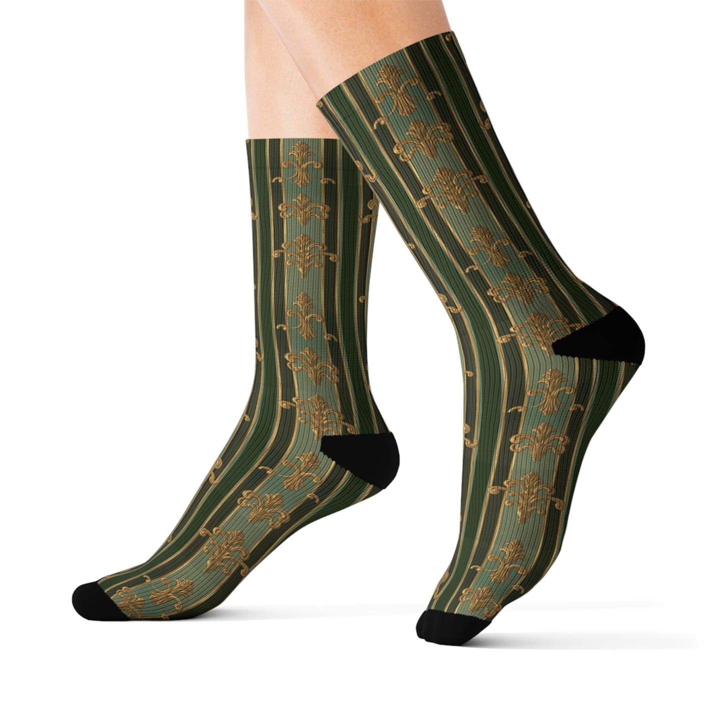 Stylish Floral Sublimation Socks | Unique Gift for Fashion Lovers, Comfortable Daily Wear - Green Striped Gold Baroque