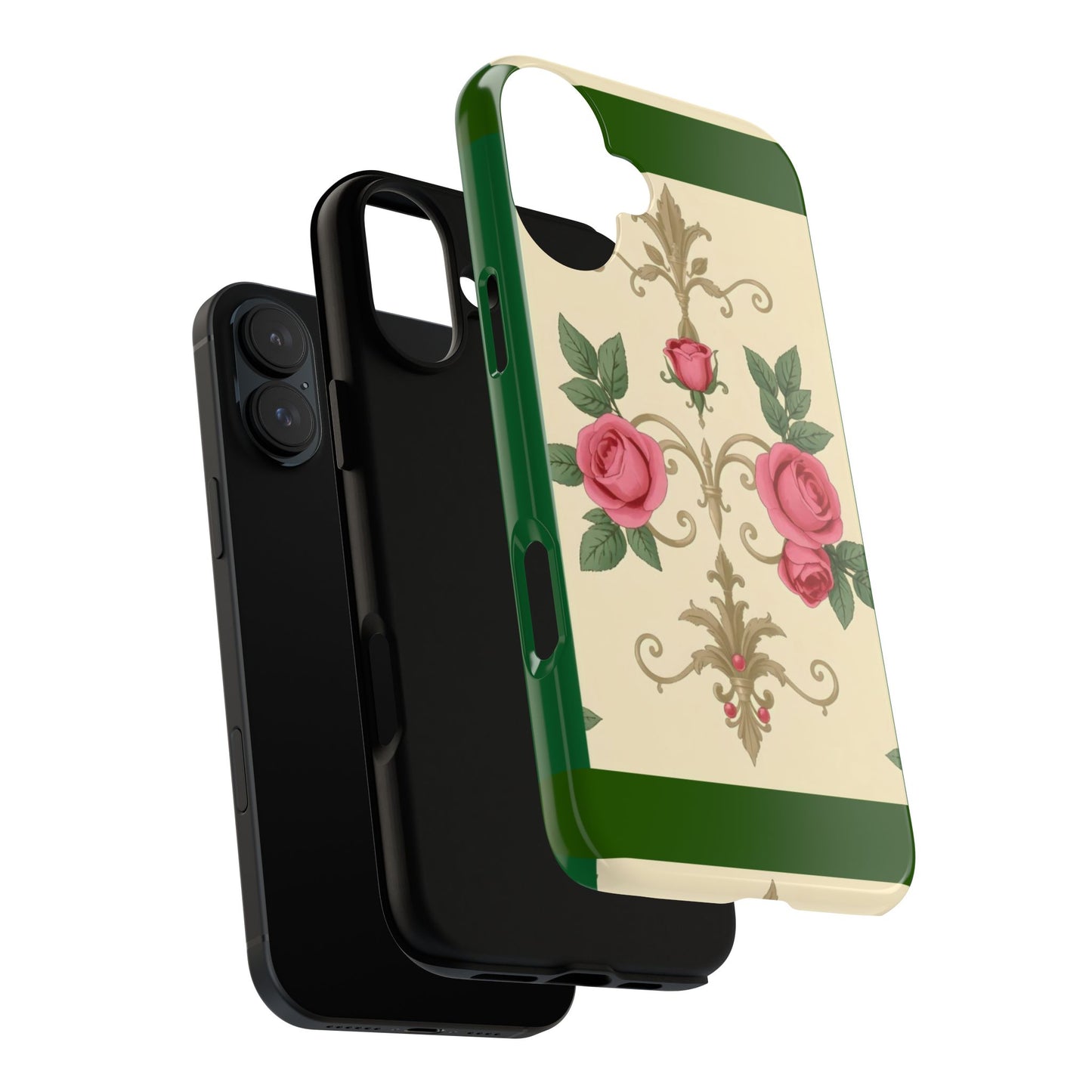 Elegant Floral Motif Phone Case - Tough Cases with Vintage Design - Green Border Roses & Damask