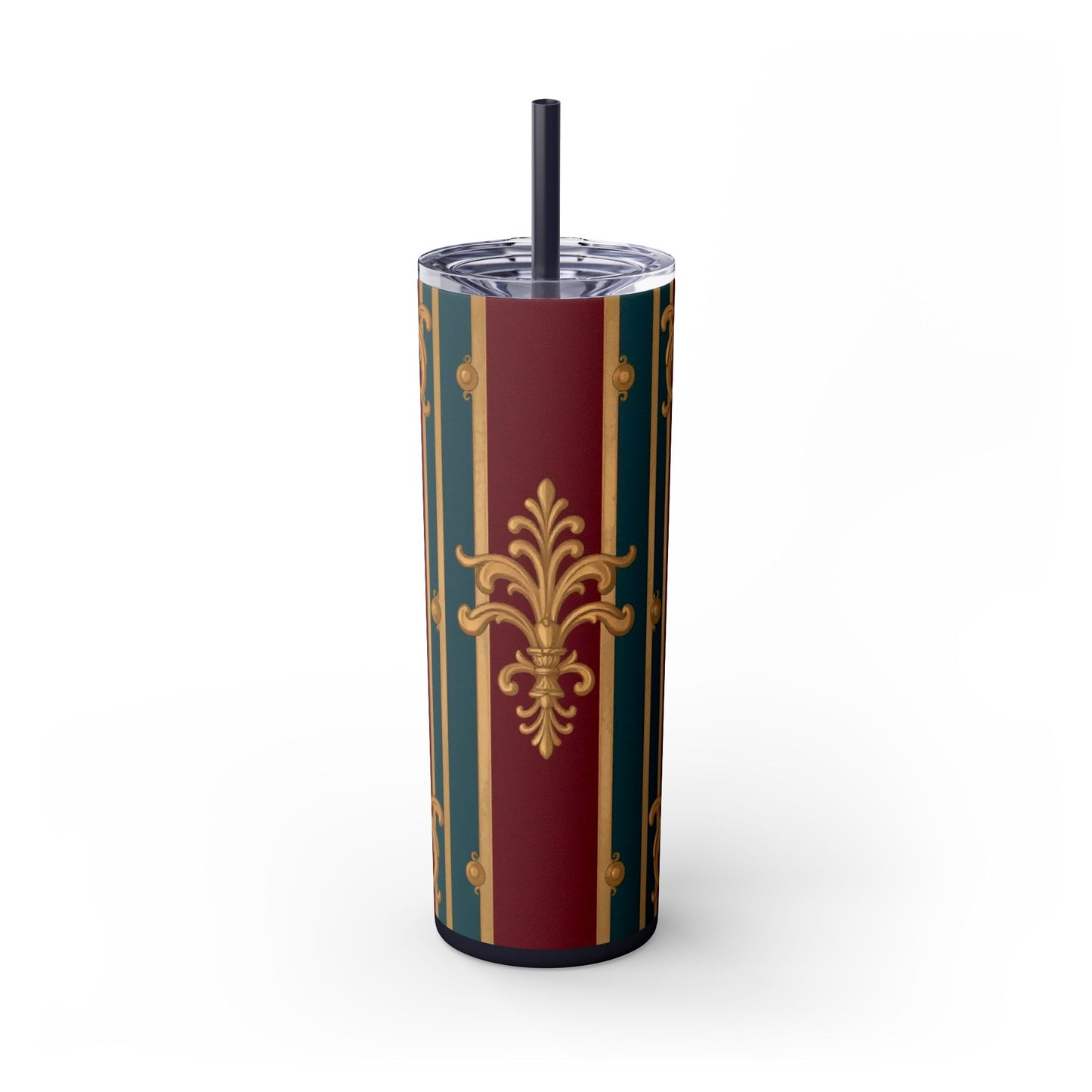 Elegant Vintage Skinny Tumbler with Straw, 20oz | Gold & Burgundy Design | Travel Mug, Gift for Her - Burgundy Striped Gold Baroque