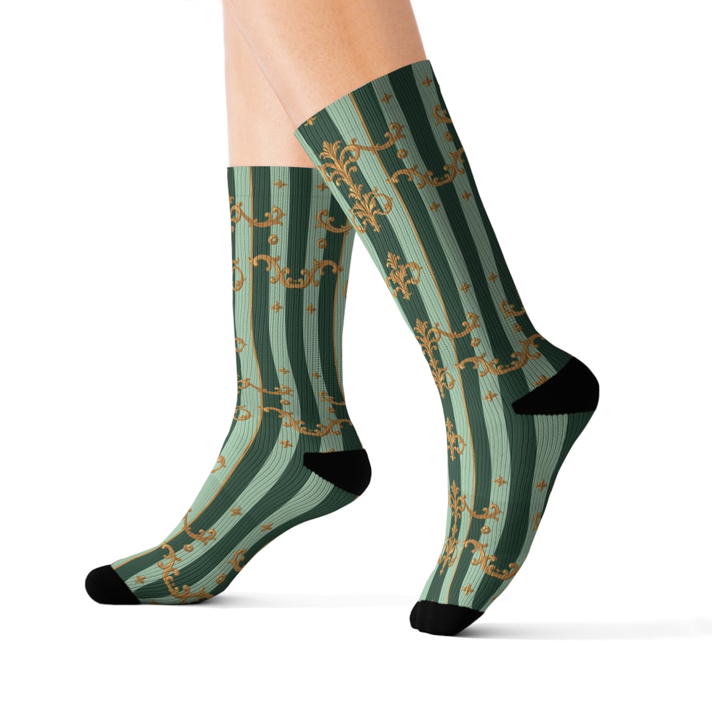 Chic Sublimation Socks for Everyday Comfort, Unique Fashion Socks, Gift for Him/Her, Stylish Casual Wear - Mint Green & Teal Striped Gold Baroque