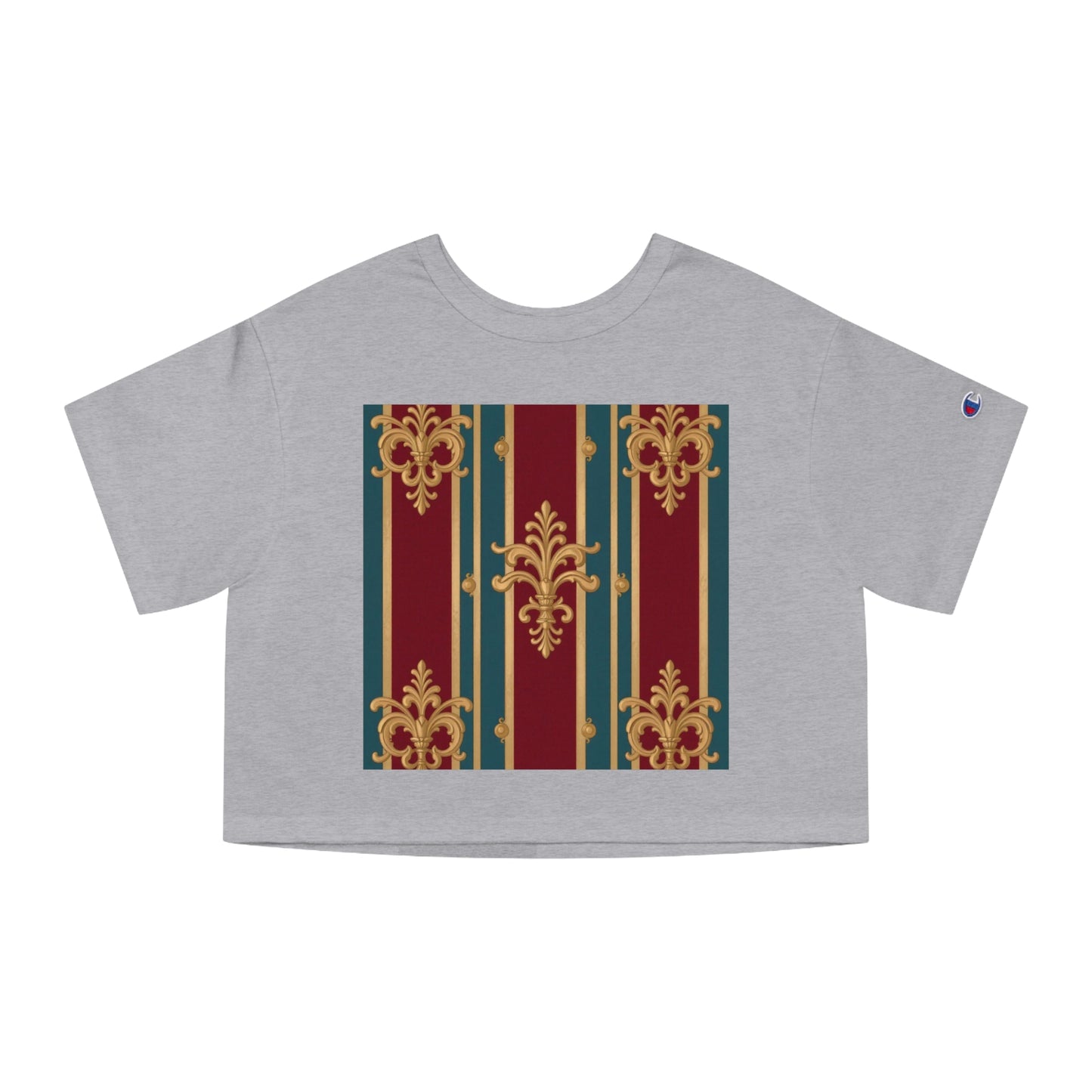 Cropped T-Shirt with Baroque Design | Trendy Women's Top | Perfect for Casual Wear, Festivals - Burgundy Striped Gold Baroque