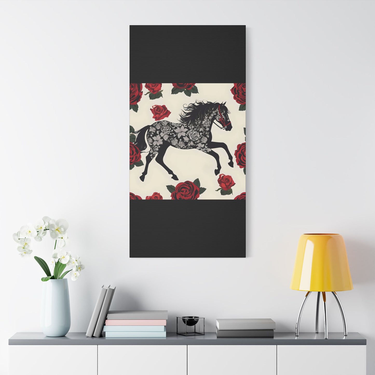 Art Print Canvas, Wall Decor, Satin Stretched Canvas, Equestrian Art, Office Decor, Home Decor - Horse & Roses