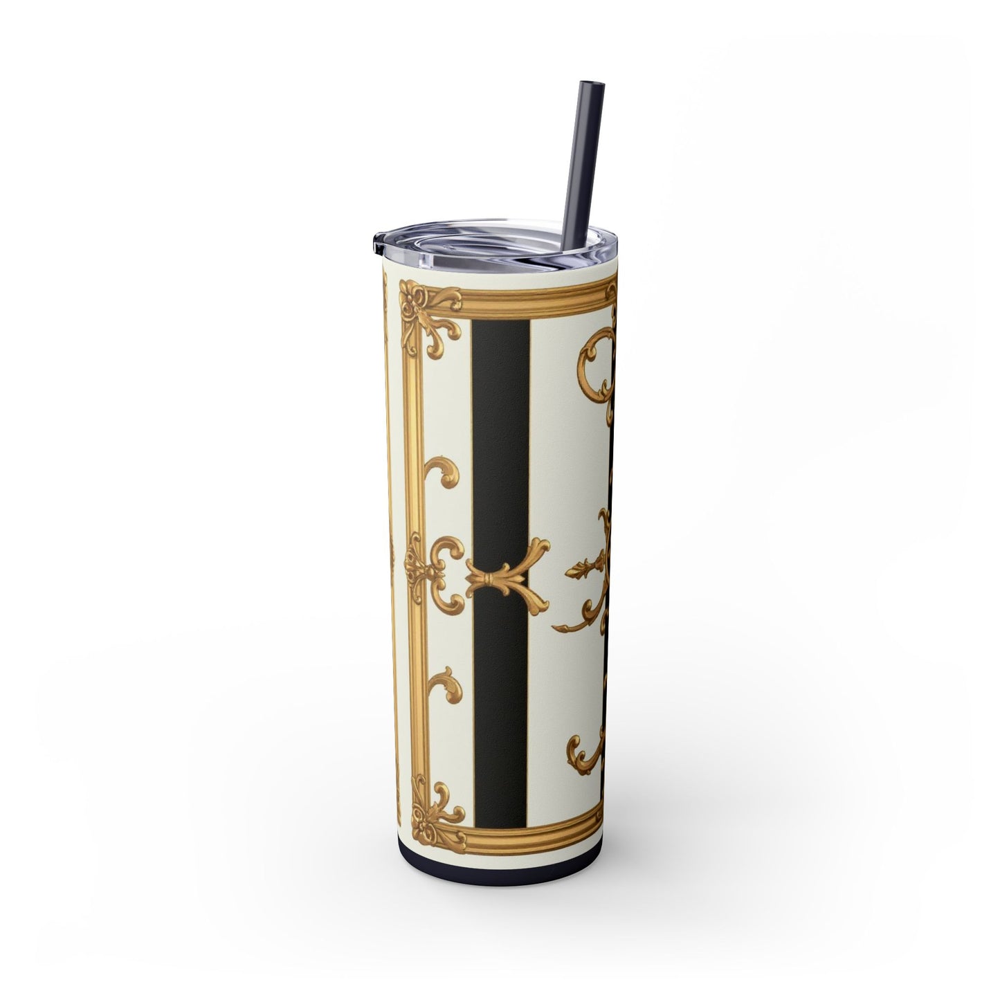 Elegant Gold Accents Skinny Tumbler, 20oz - Stylish Drinkware for Weddings, Parties, Gifts, or Everyday Use - Black & White Striped Gold Baroque