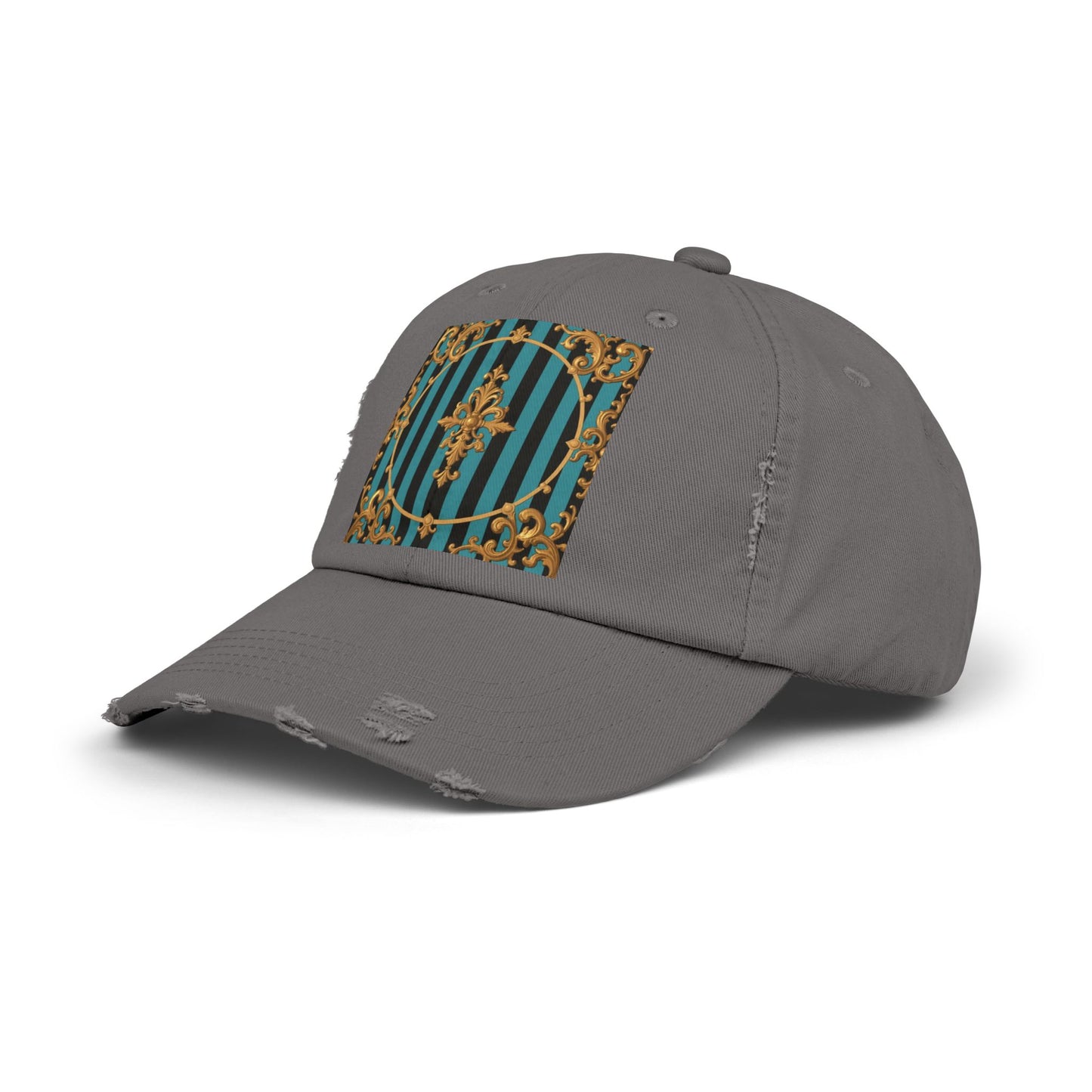 Turquoise & Black Striped Gold Baroque Distressed Cap with Elegant Design, Fashion Accessory for Everyday Wear, Perfect for Festivals, Gifts