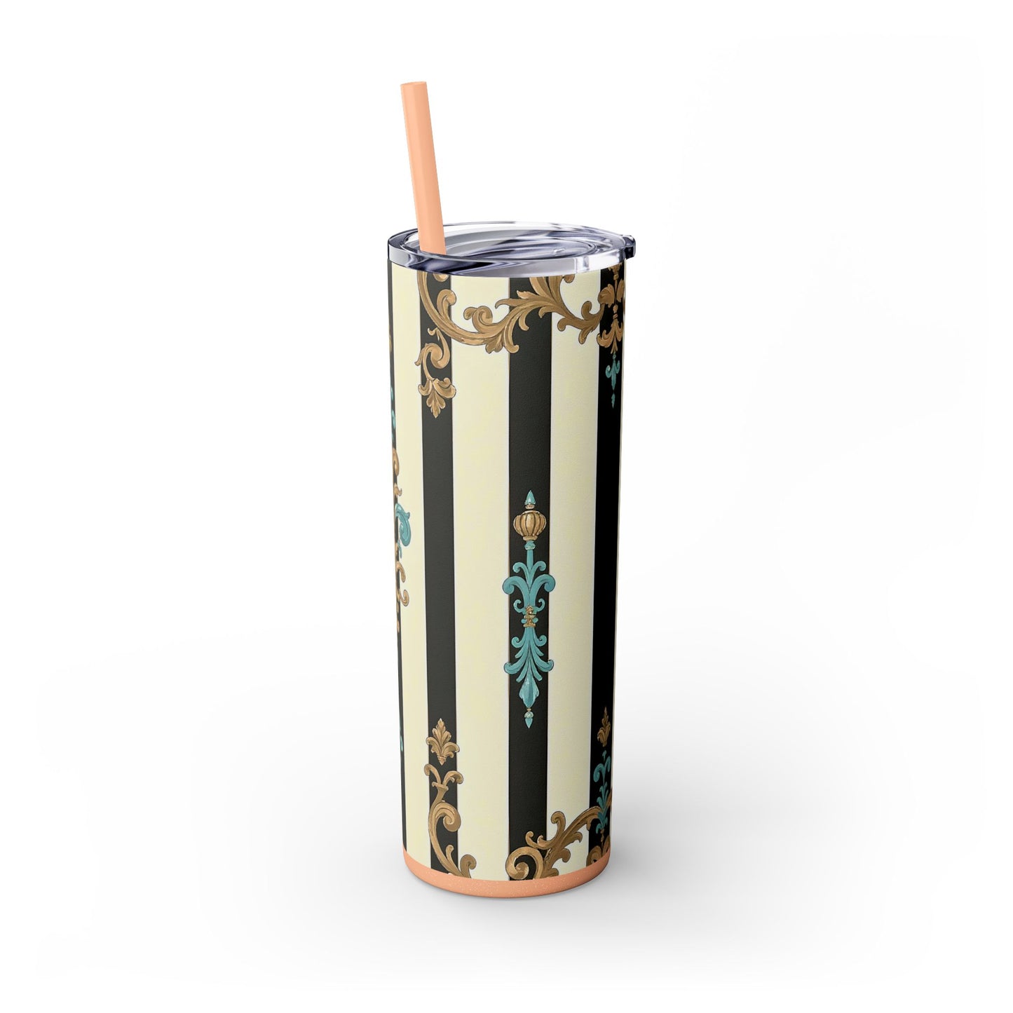 Elegant Stripe Skinny Tumbler | 20oz | Ideal Gift for Home, Office, Travel, Party, or Everyday Use - Black Striped Turquoise & Black Rococo