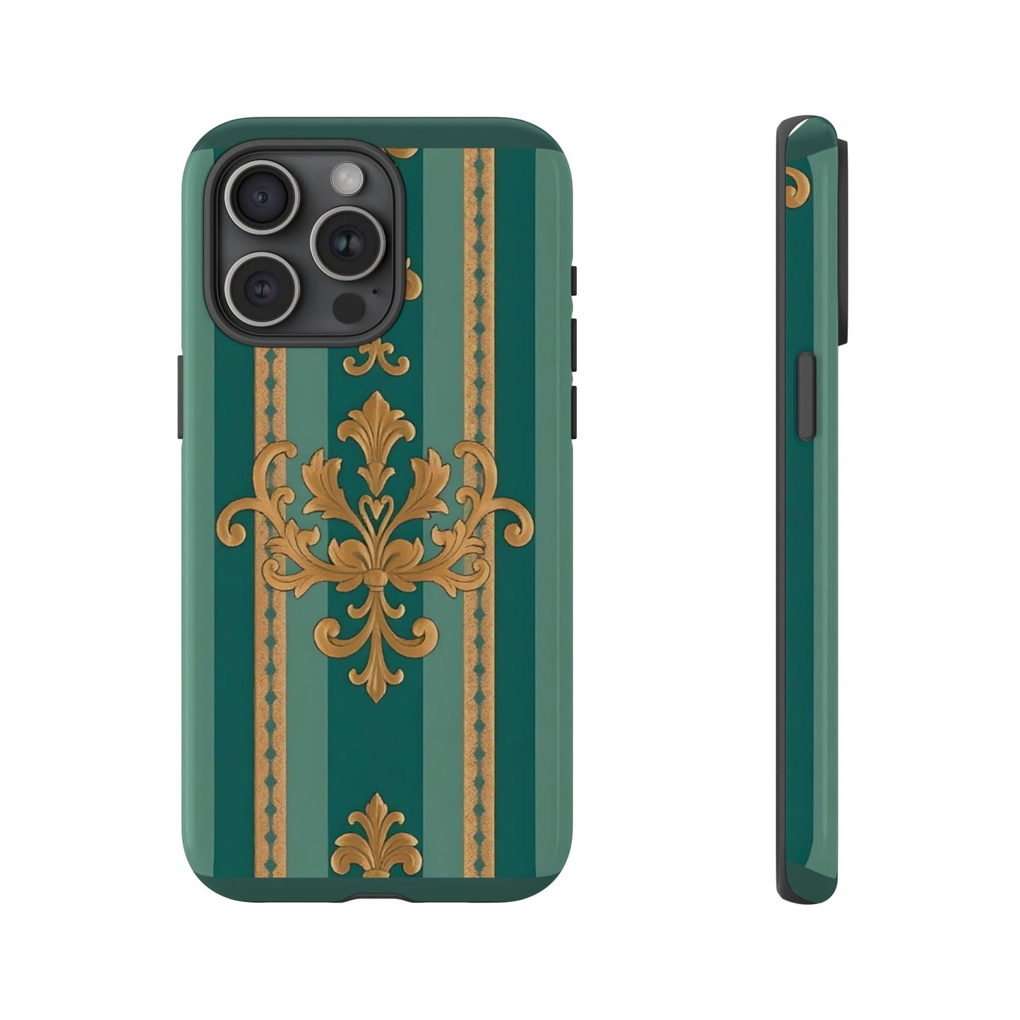 Elegant Floral Motif Phone Case - Tough Cases with Vintage Design - Teal Striped Gold Damask