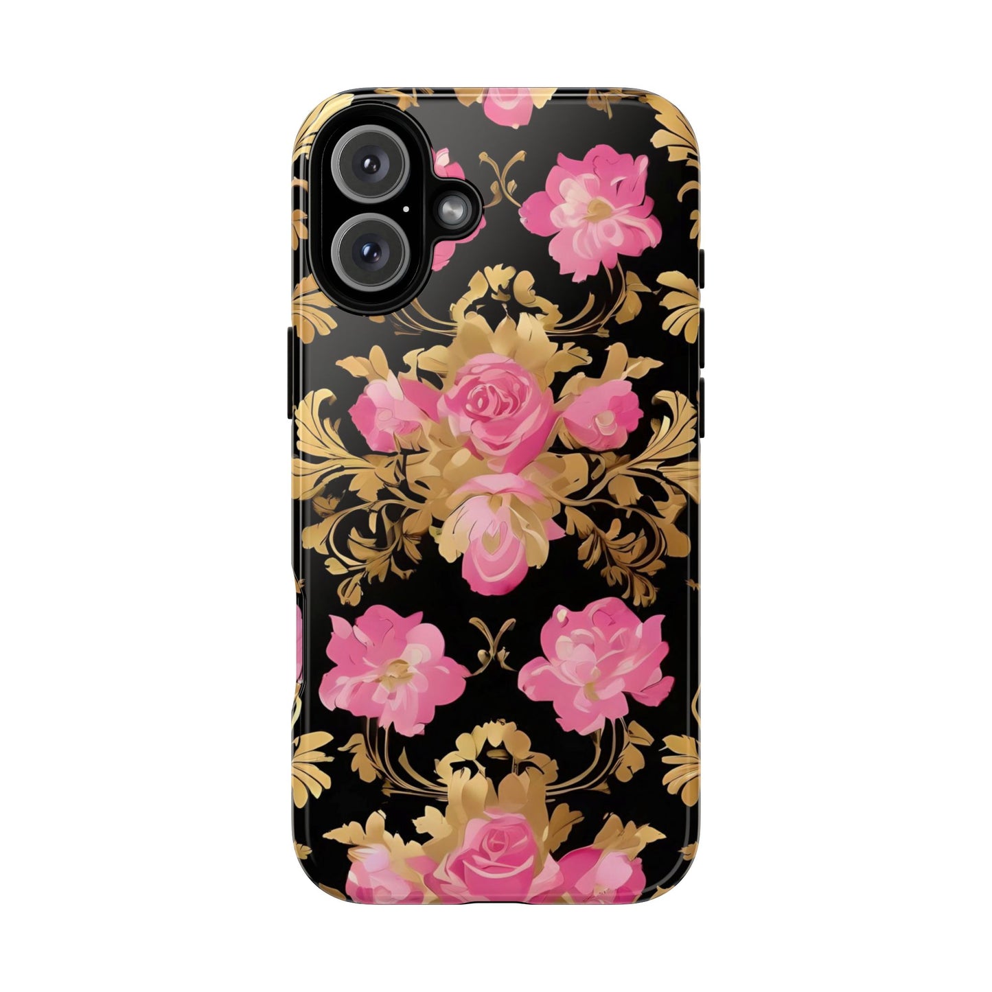 Elegant Floral Motif Phone Case - Tough Cases with Vintage Design - Pink & Gold Roses