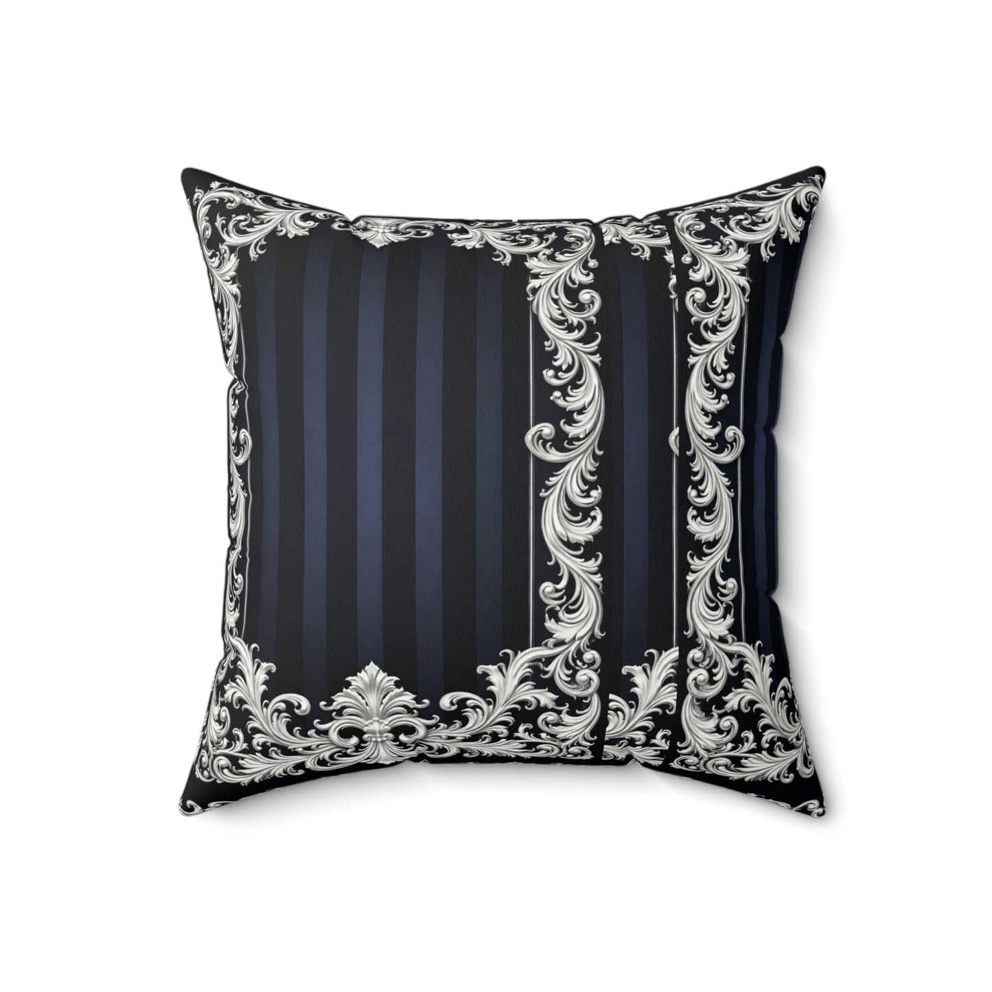 Navy Stripes & Baroque Suede Pillow — Decorative Square Throw Pillow with Ornate Silver Frame