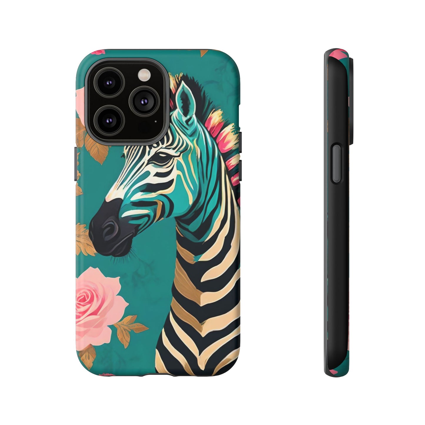 Phone Case - Elegant Teal & Gold Zebra & Roses Design