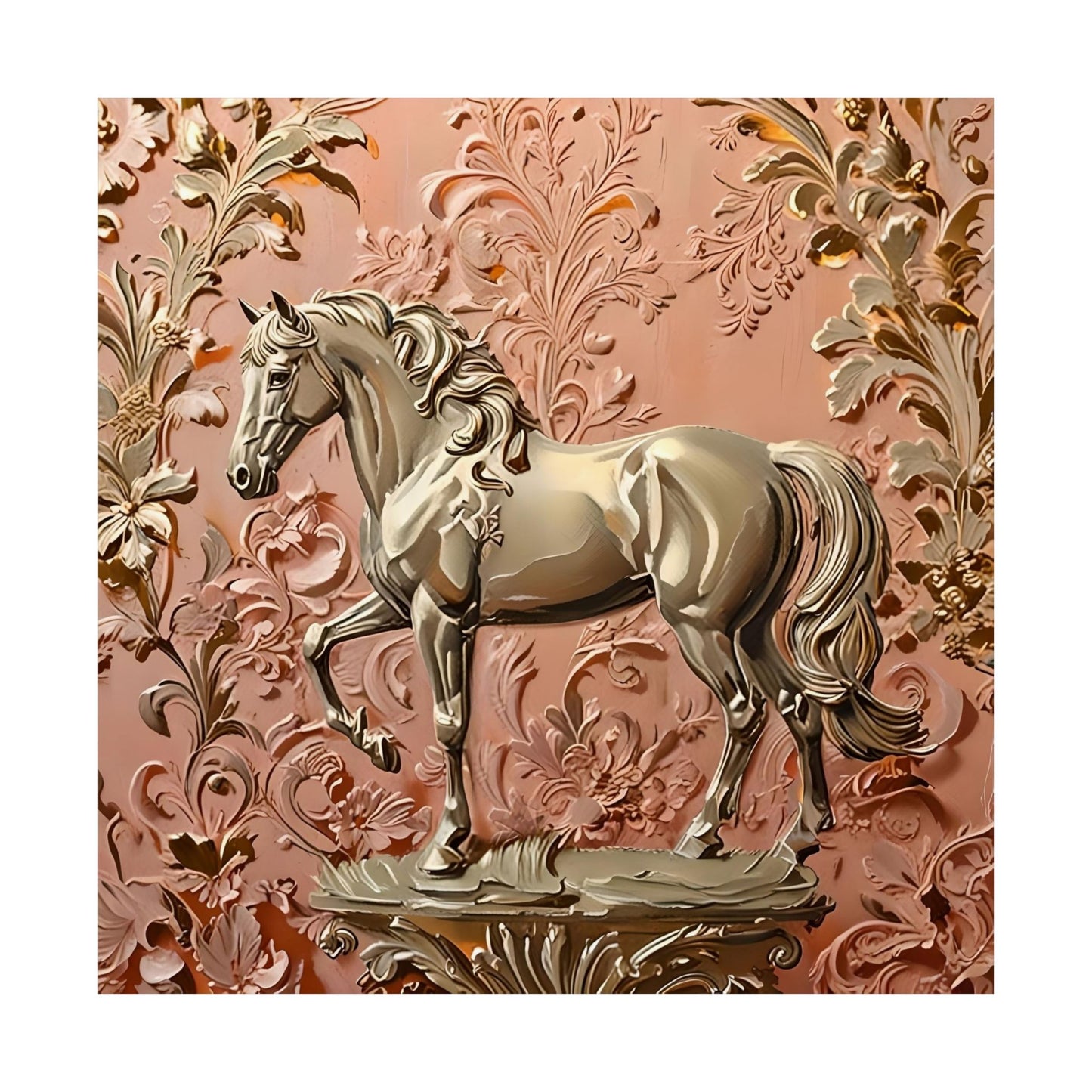 Floral Motif Art Poster - Elegant Matte Vertical Wall Decor - Gold Horse In Peach & Gold Damask