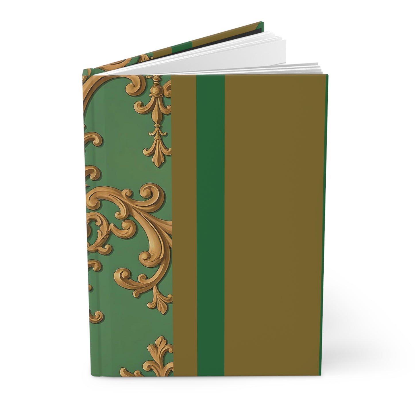 Elegant Designer Hardcover Journal for Note-Taking, Gift for Writers, Journal for Meetings, Classic Style Notebook - Olive Green Striped Rococo