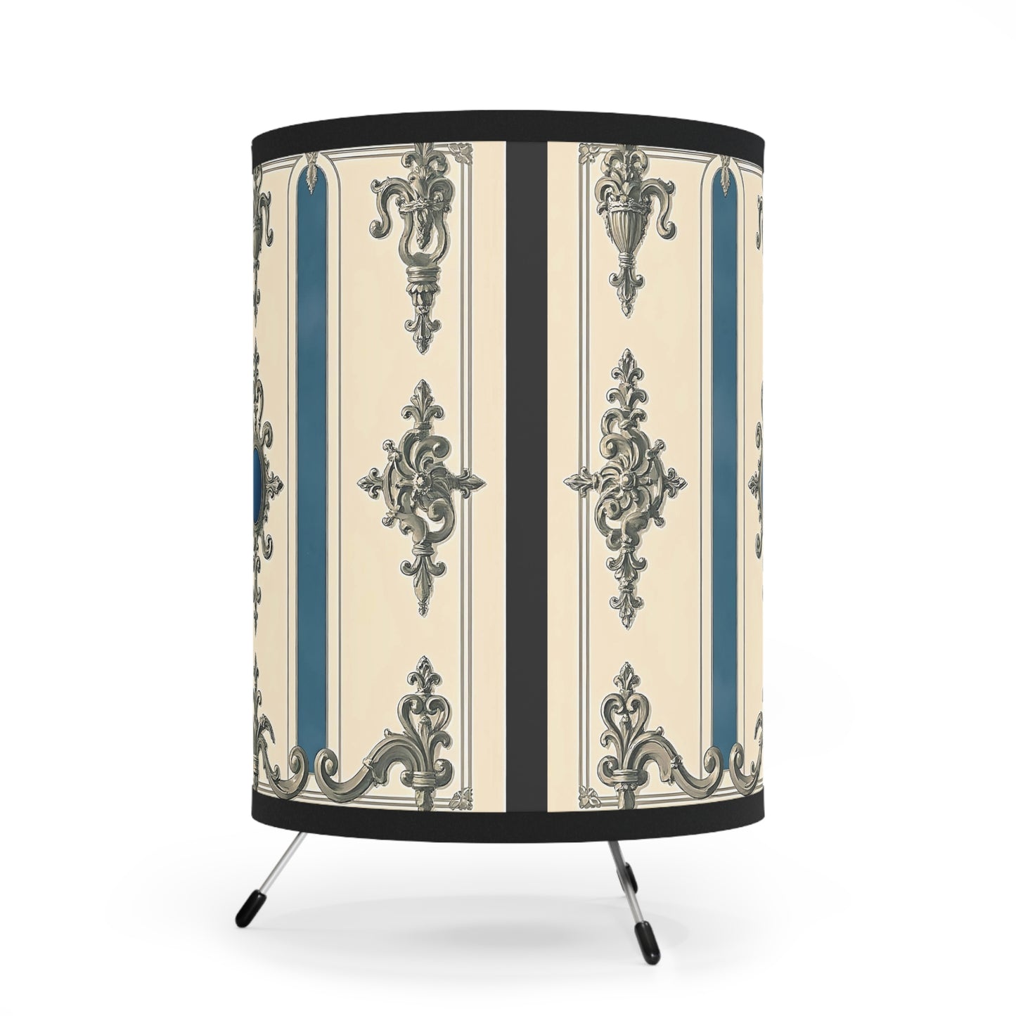 Elegant Tripod Lamp with Vintage Floral Design Shade - Alabaster & Ocean Blue Baroque