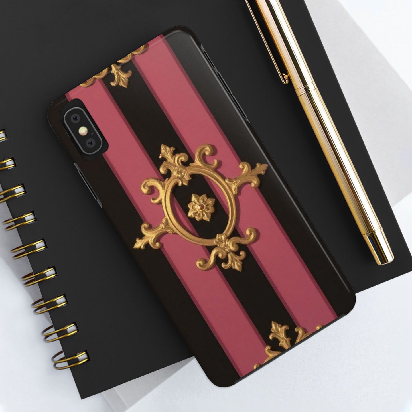 Elegant Black & Mauve Striped Gold Baroque Tough Phone Cases, Luxe Phone Covers, Fashionable Mobile Cases, Gift for Her, Holiday Phone Accessories