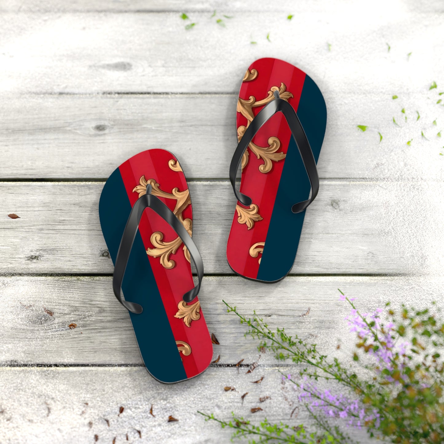 Stylish Flip Flops for Summer Fun, Beach Footwear, Vacation Sandals, Poolside Flip Flops, Casual Summer Shoes - Blue & Red Striped Baroque