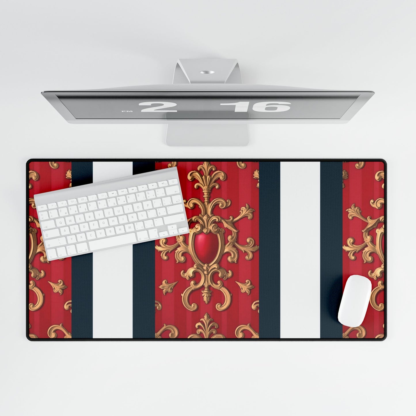 Elegant Office Desk Mats for Stylish Workspaces, Customizable, Home Office Decor, Gift for Professionals - Blue, Red & White Striped Baroque