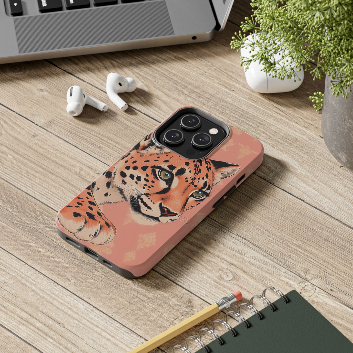 Leopard Tough Phone Case - Trendy Floral Motif Design for Animal Lovers - Peach Leopard & Damask