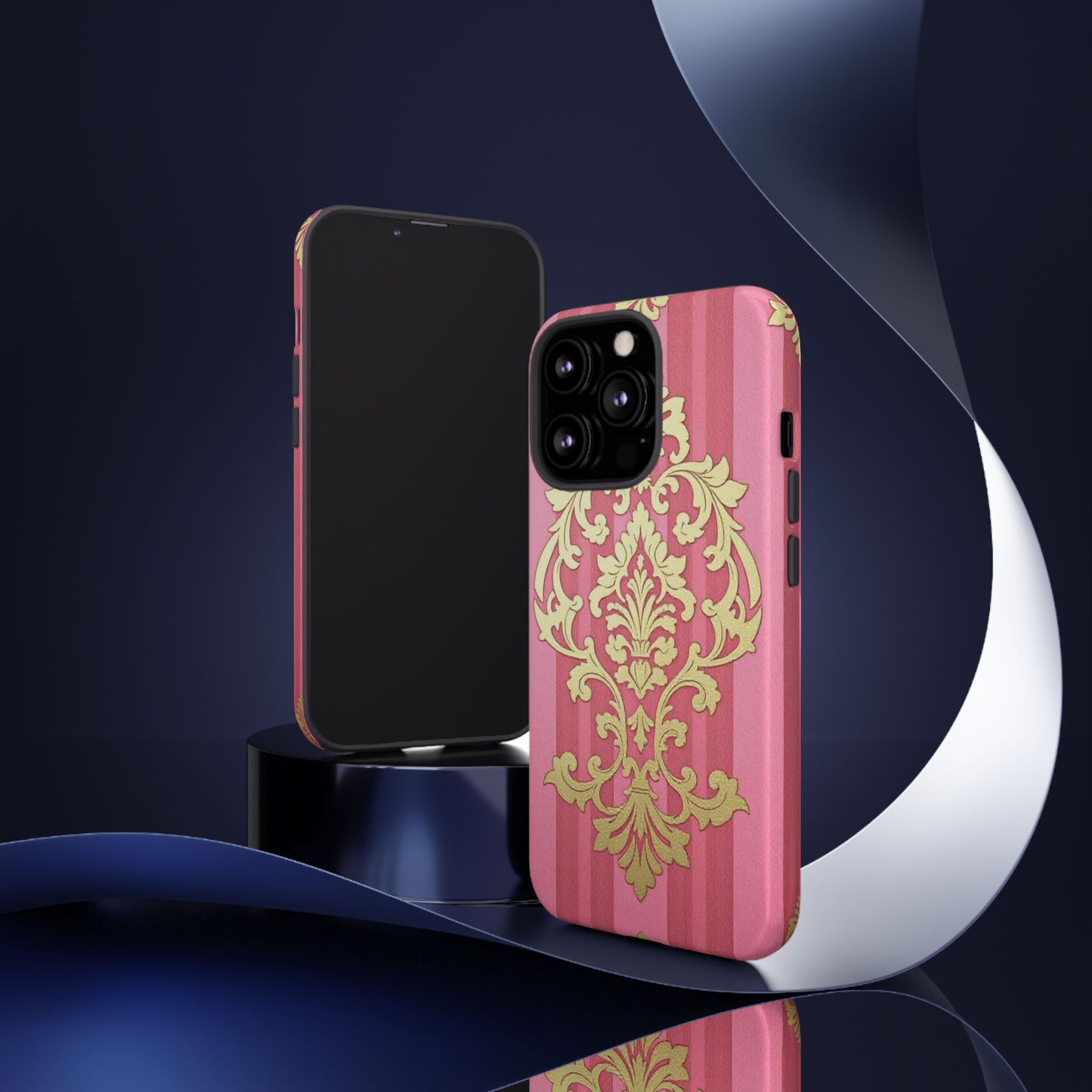 Elegant Floral Motif Phone Case - Tough Cases with Vintage Design - Pink Striped Damask