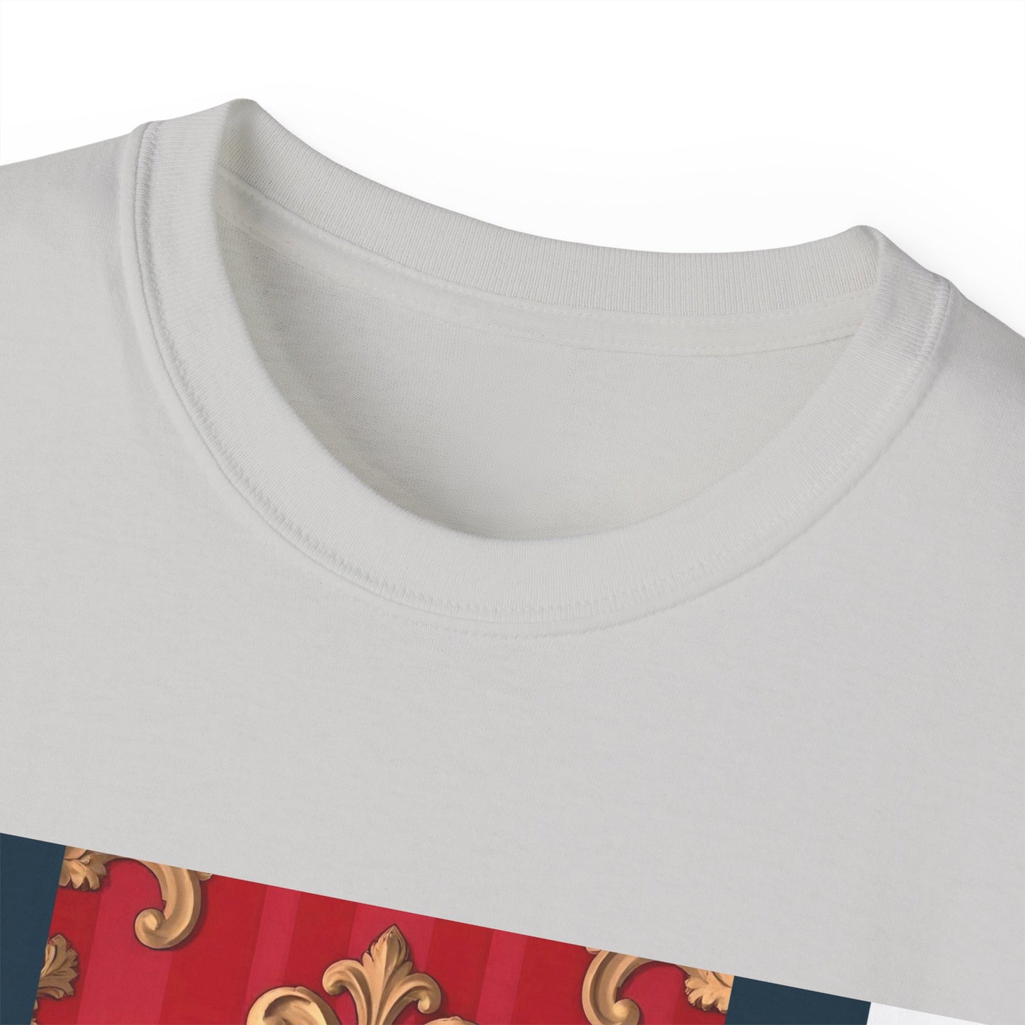 Regal Red Baroque T-Shirt, Artistic Tee, Gift for Art Lovers, Fashionable Statement Shirt, Unique Graphic Top - Blue, Red & White Striped Baroque