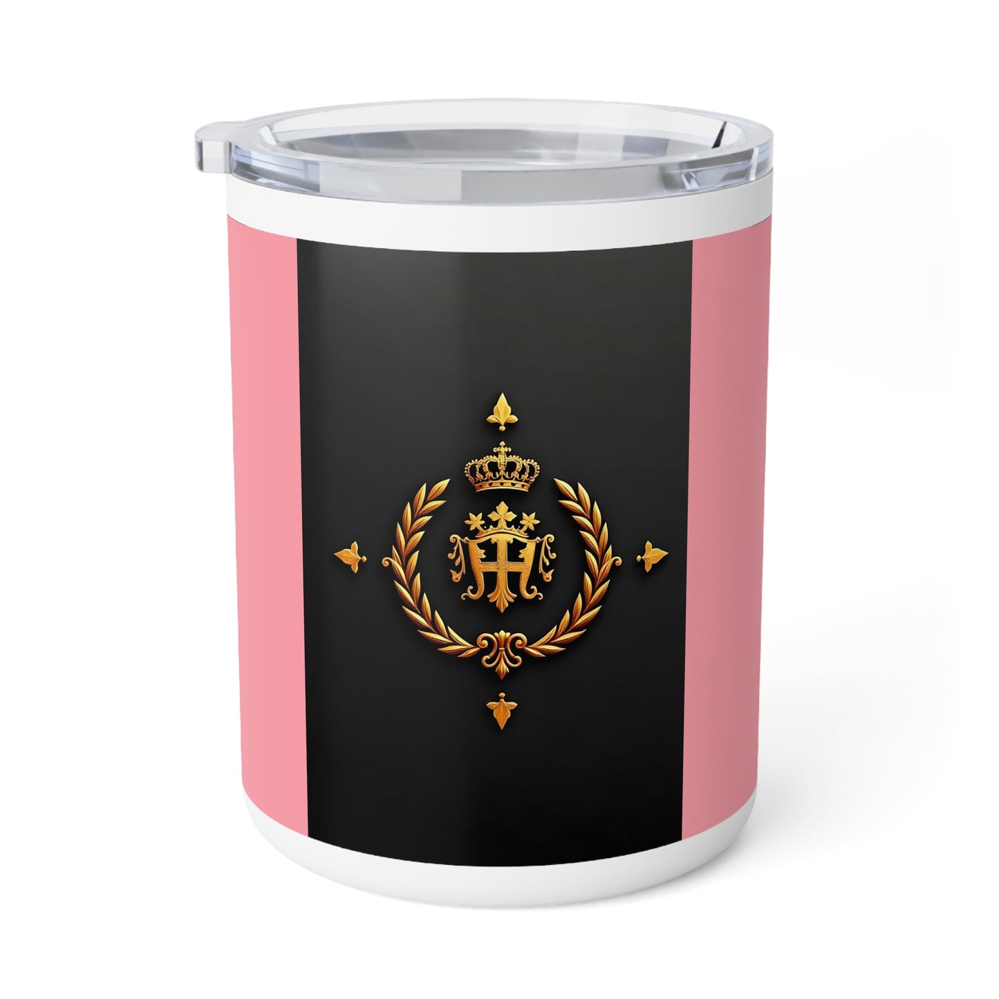 Elegant Insulated Coffee Mug - Royal Emblem Travel Cup, Perfect Gift for Coffee Lovers, Home Decor, Wedding Favors - Pink Striped Gold Crest