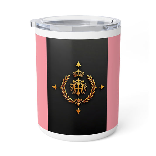 Elegant Insulated Coffee Mug - Royal Emblem Travel Cup, Perfect Gift for Coffee Lovers, Home Decor, Wedding Favors - Pink Striped Gold Crest