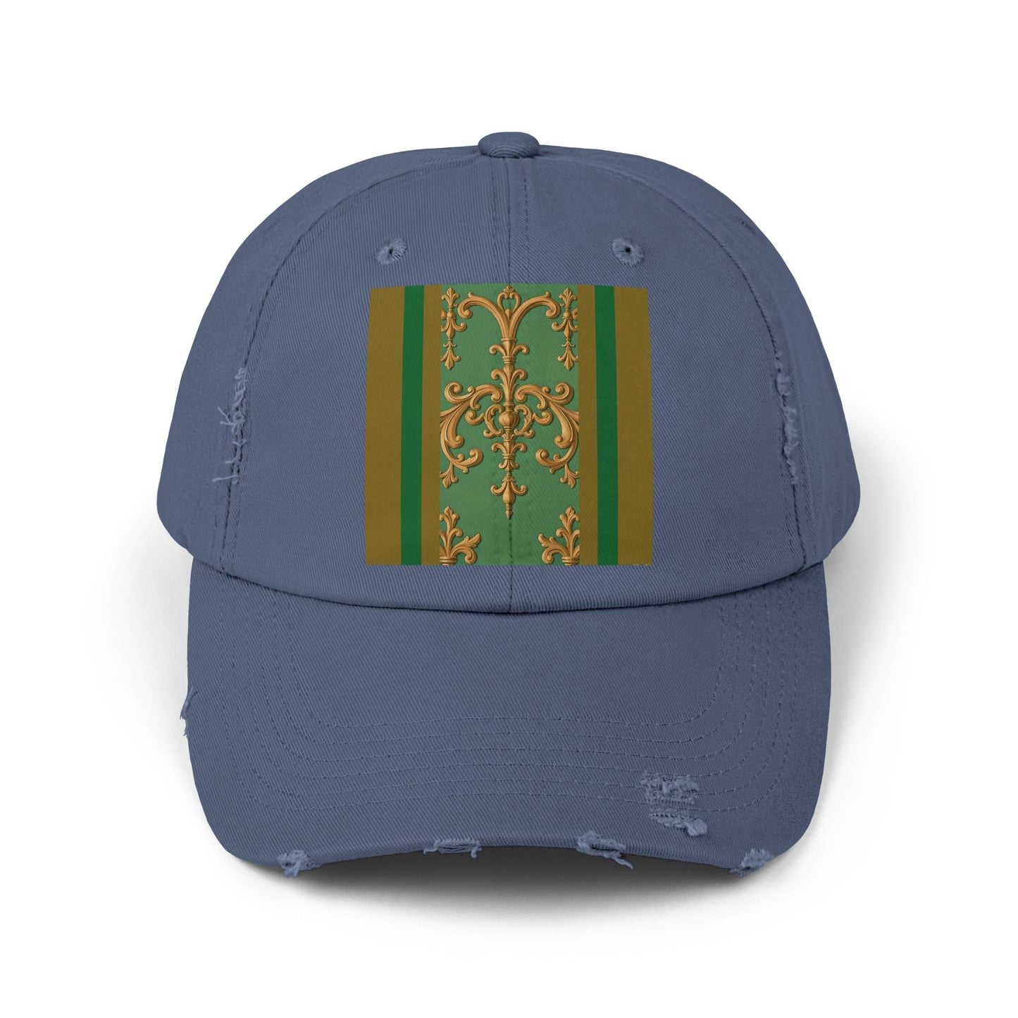 Stylish Unisex Distressed Cap with Unique Floral Design, Trending Accessory for Men and Women - Olive Green Striped Rococo