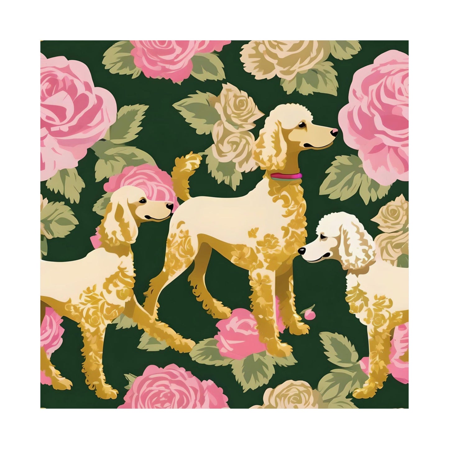 Vertical Poster - Elegant Matte Floral Art Wall Decor - Damask Poodles In Dark Green & Pink Roses