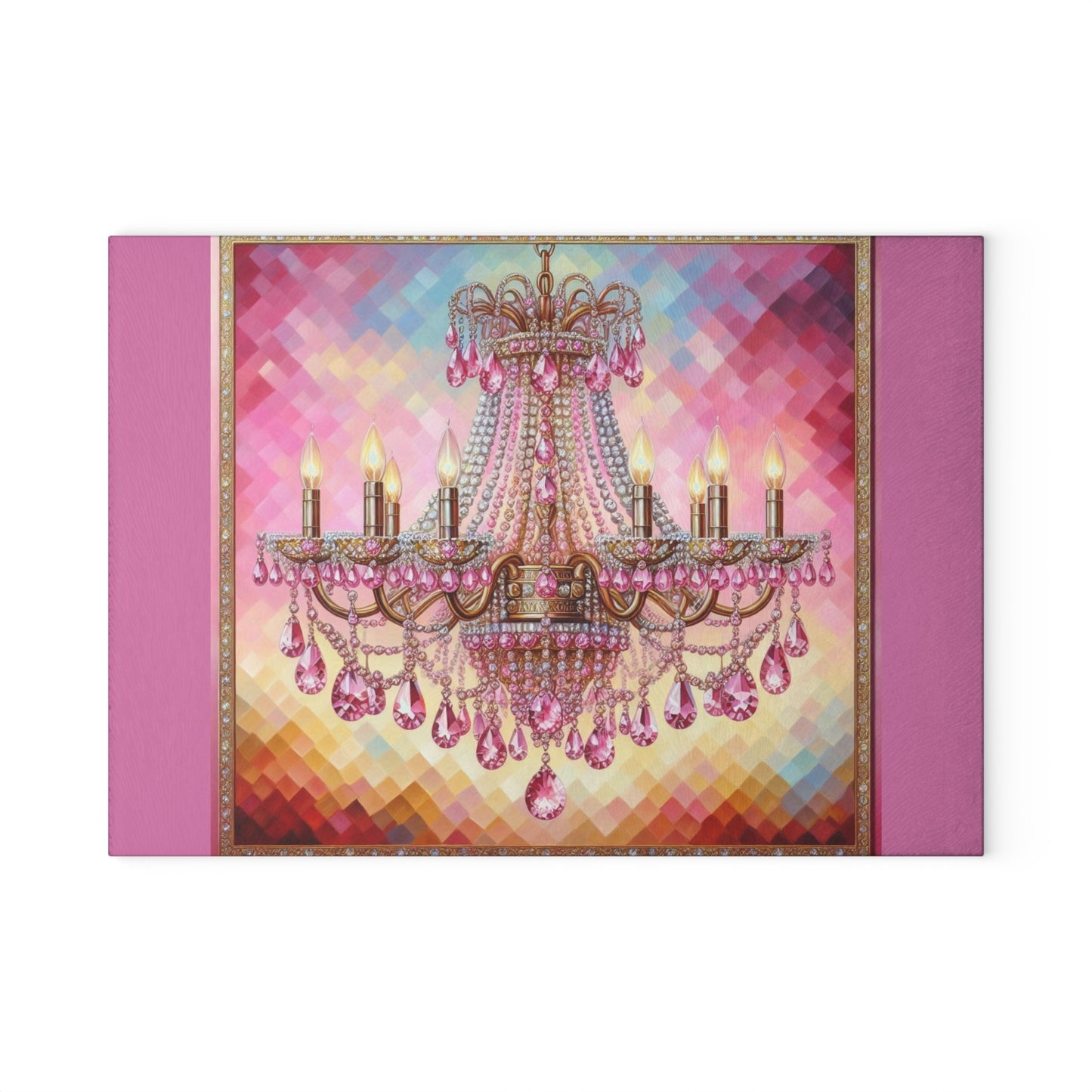 Chic Glass Cutting Board with Elegant Chandelier Design - Kitchen Decor for Entertaining, Housewarming Gift, Wedding - Pink Jeweled Chandelier