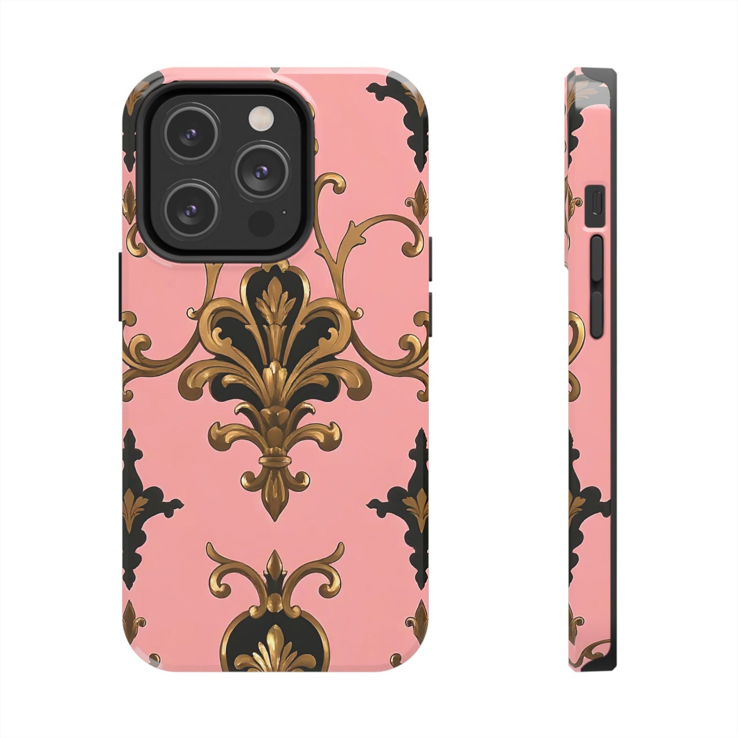 Chic Tough Phone Cases with Floral Design, Elegant Phone Cover, Durable Smartphone Case, Stylish Tech Accessory - Pink, Black & Gold Rococo