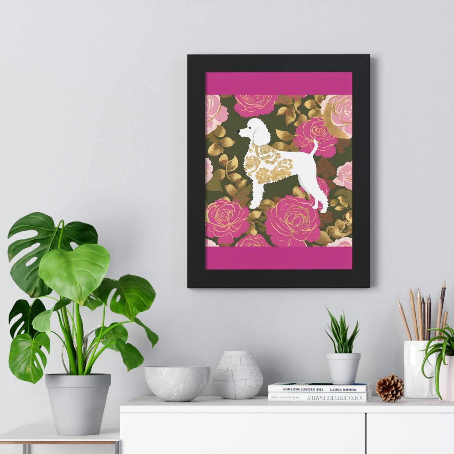 Vertical Poster - Stylish Framed - Art for Home Decor - Damask White Poodle & Pink Roses