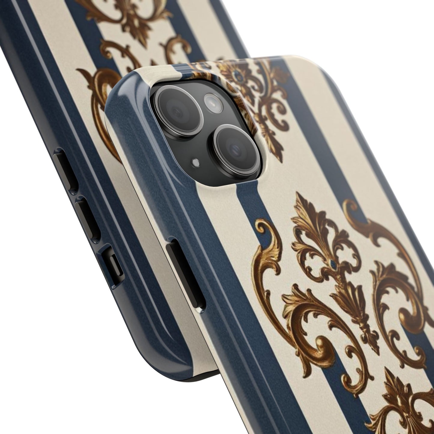 Damask Tough Phone Case - Alabaster & Blue Striped Damask