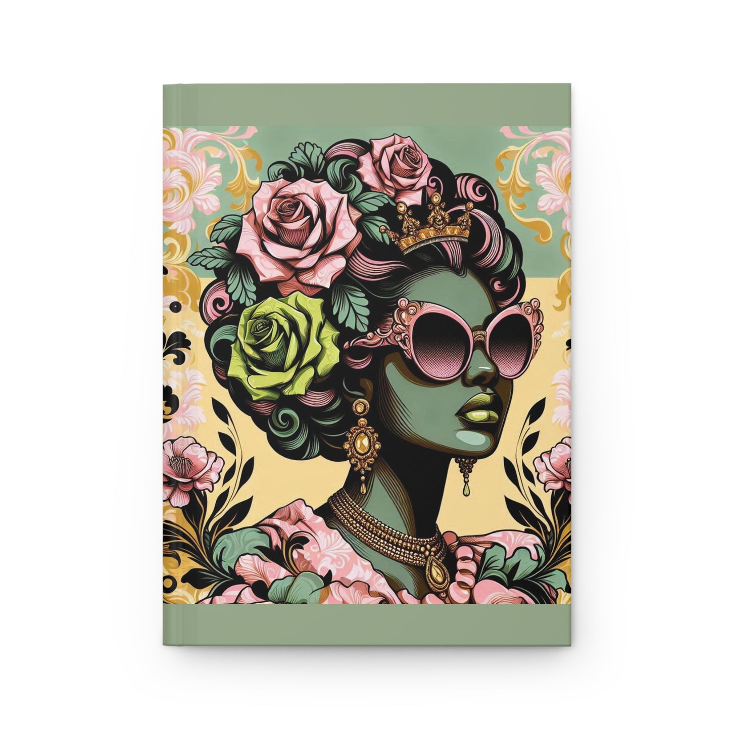 Elegant Floral Hardcover Journal - Stylish Writing Notebook - Mint Green Lady With Damask & Roses Design