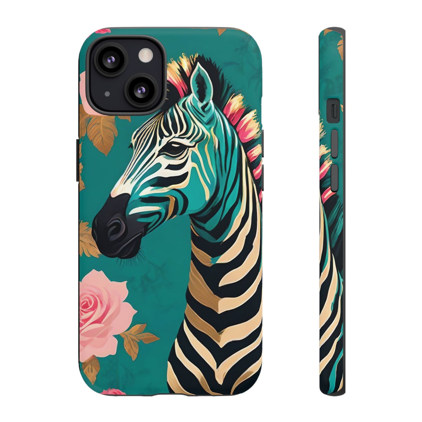 Phone Case - Elegant Teal & Gold Zebra & Roses Design