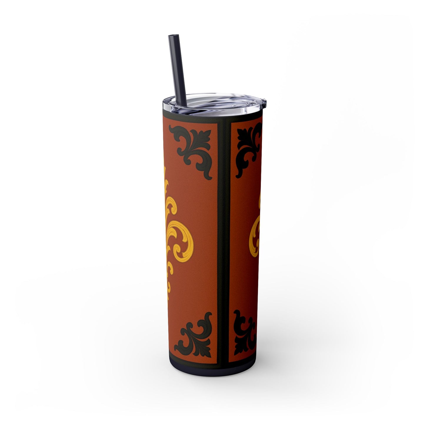 Dusk Terracotta Baroque 20oz Skinny Tumbler with Straw — Vintage Gold Baroque Design