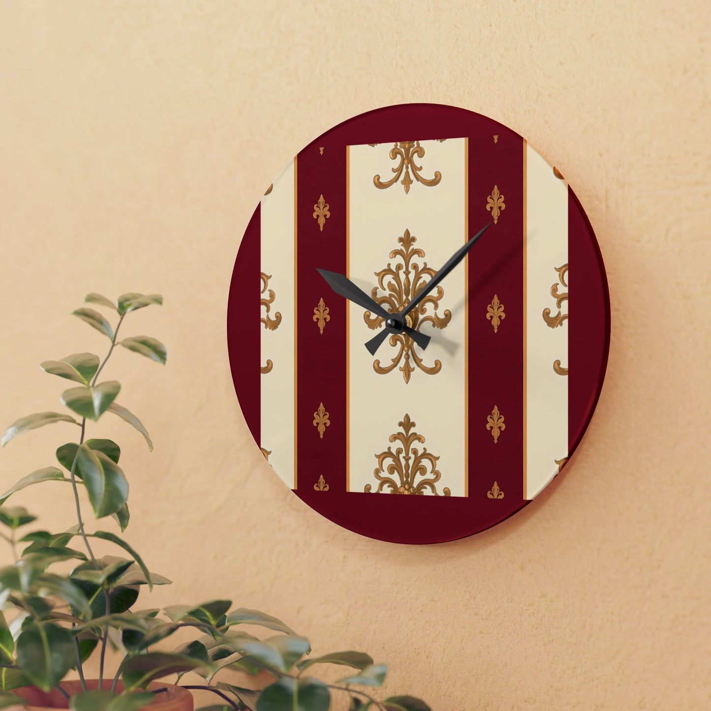 Bohemian Damask-Inspired Acrylic Wall Clock with Floral Design - Dusk Red Striped Gold Damask