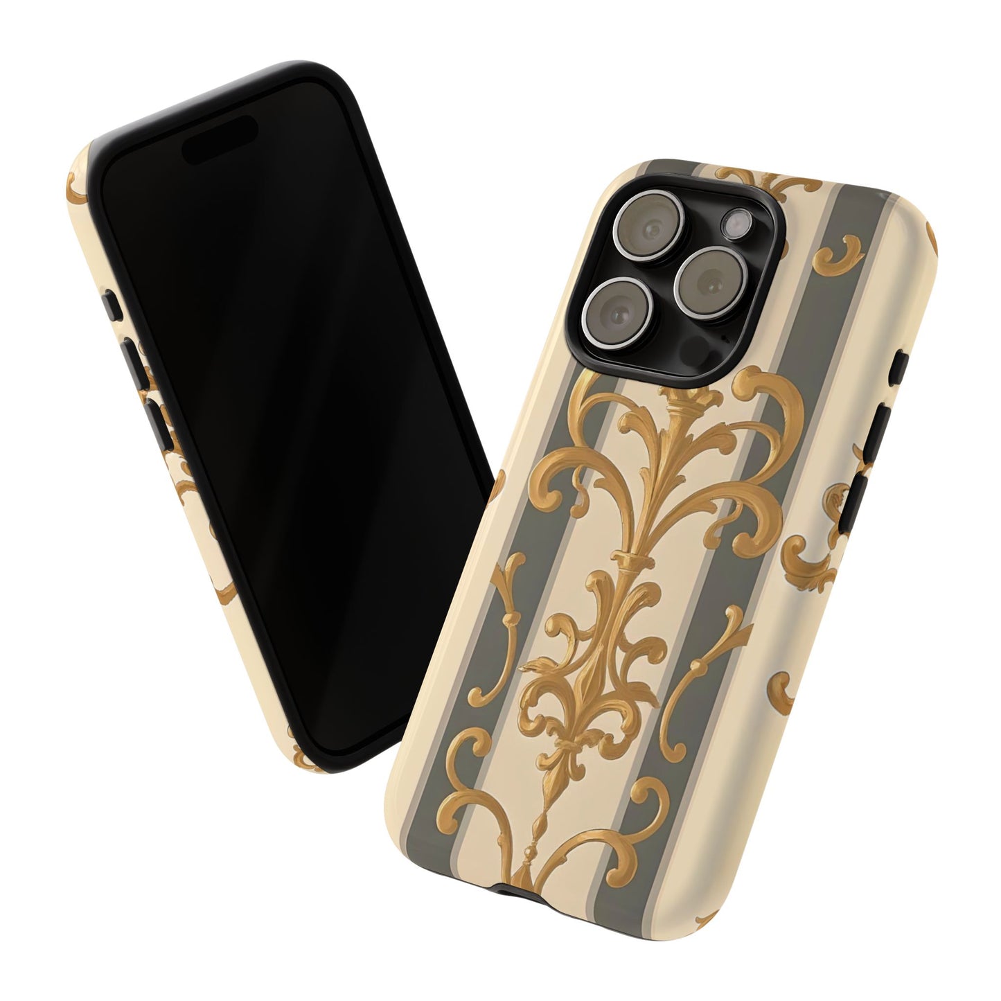 Elegant Floral Motif Phone Case - Tough Cases with Vintage Design - Dusk Olive Striped Gold Damask
