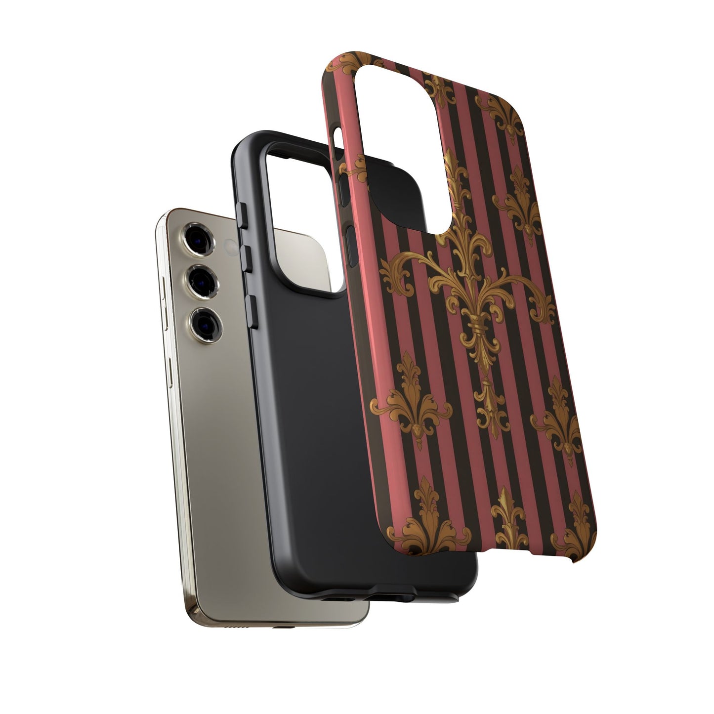 Elegant Floral Motif Phone Case - Tough Cases with Vintage Design - Mauve Striped Gold Damask