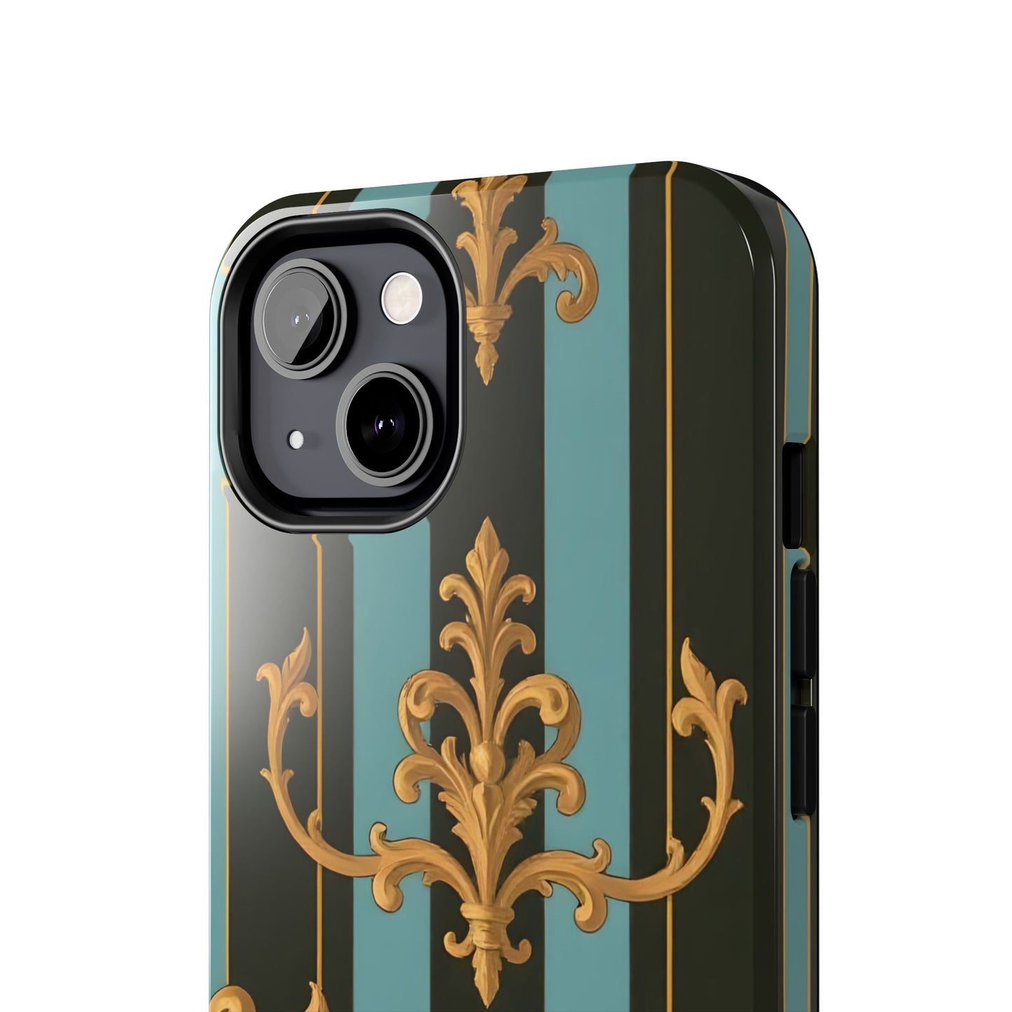Elegant Baroque Tough Phone Case, Stylish Phone Cover, Durable iPhone Case, Unique Gift - Black & Turquoise Striped Baroque
