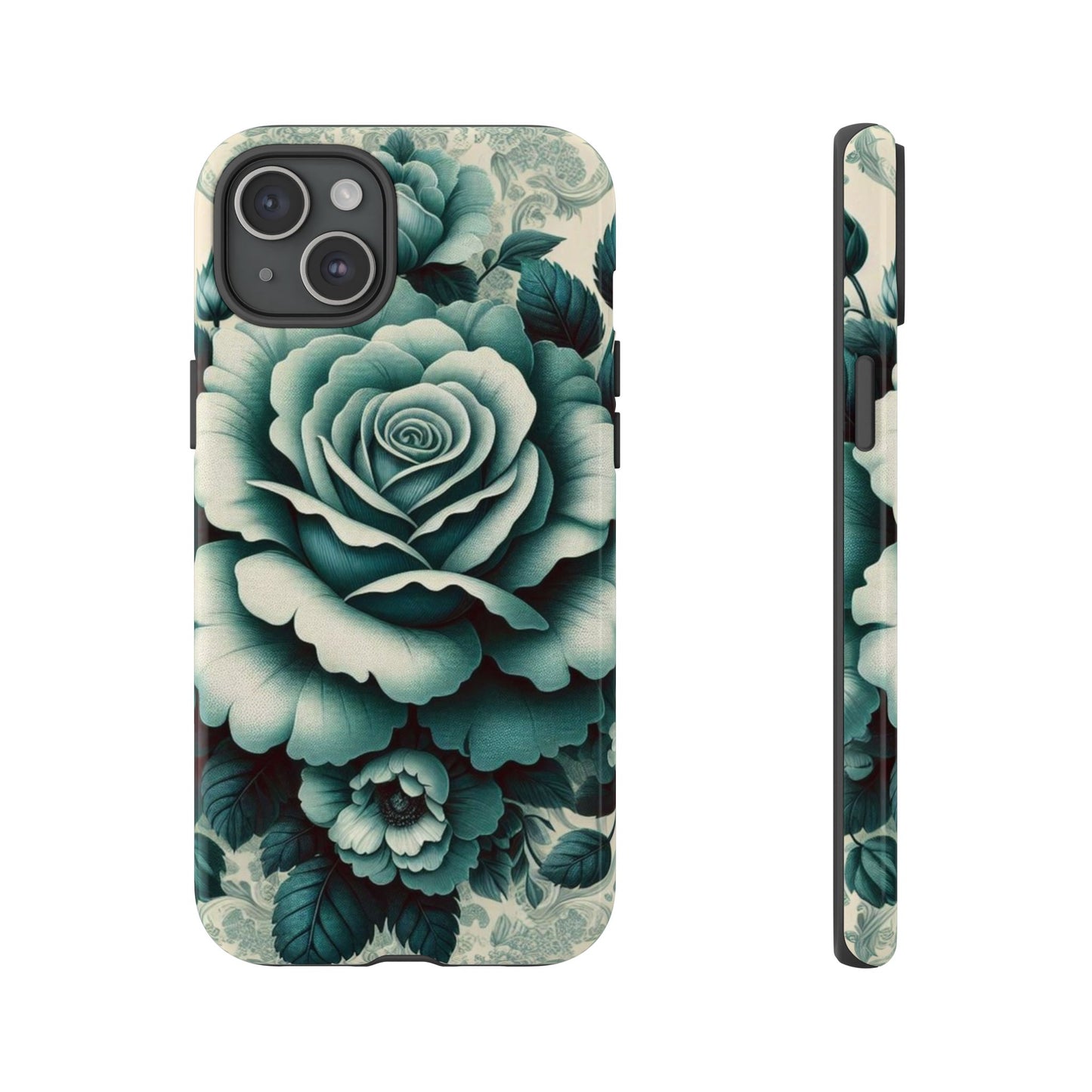 Elegant Floral Motif Phone Case - Tough Cases with Vintage Design - Teal Roses & Damask