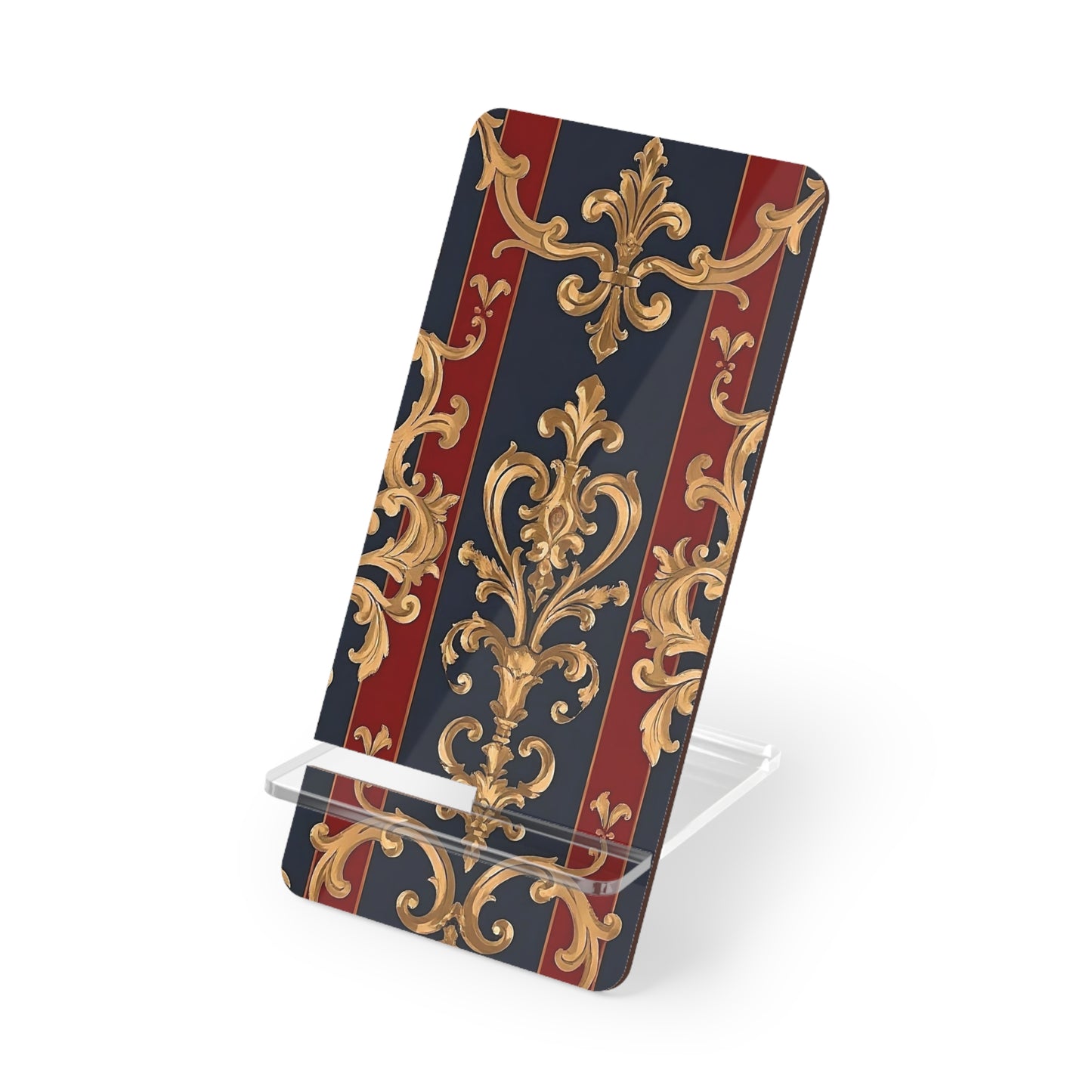 Elegant Floral Motif Smartphone Display Stand - Midnight Blue & Dusk Red Striped Gold Damask - Decorative Mobile Holder