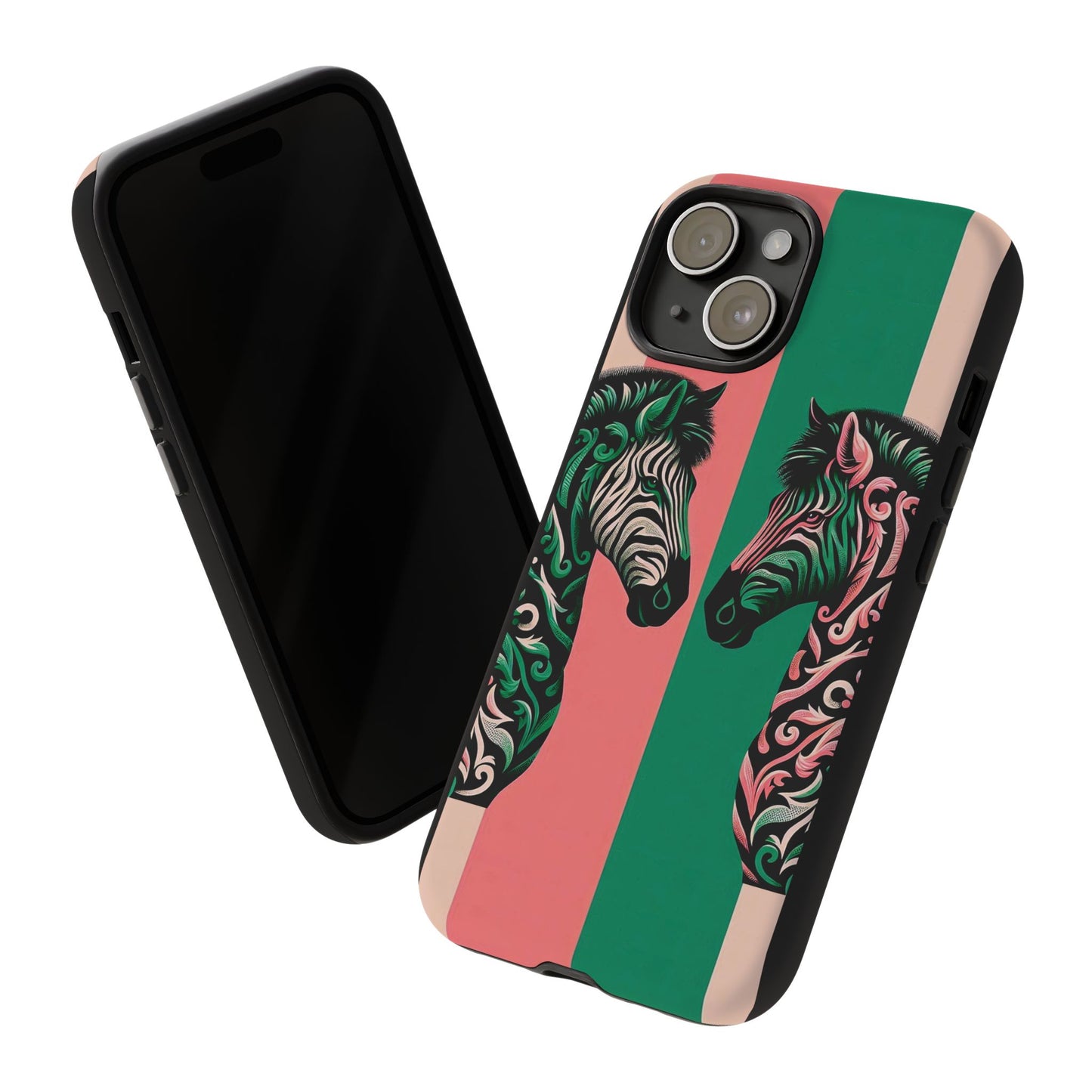 Phone Case - Elegant Pink & Green Zebra Damask Design