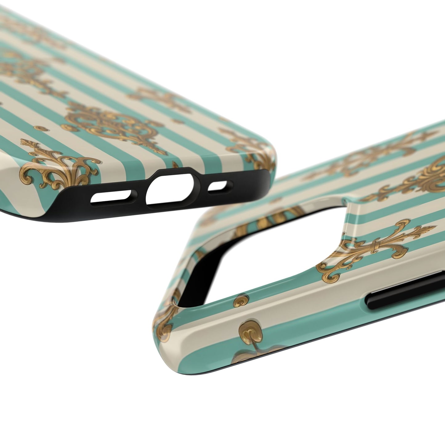 Elegant Striped Phone Case with Vintage Design, Tough Phone Cover, Stylish Smartphone Case - Matte Green Striped Rococo