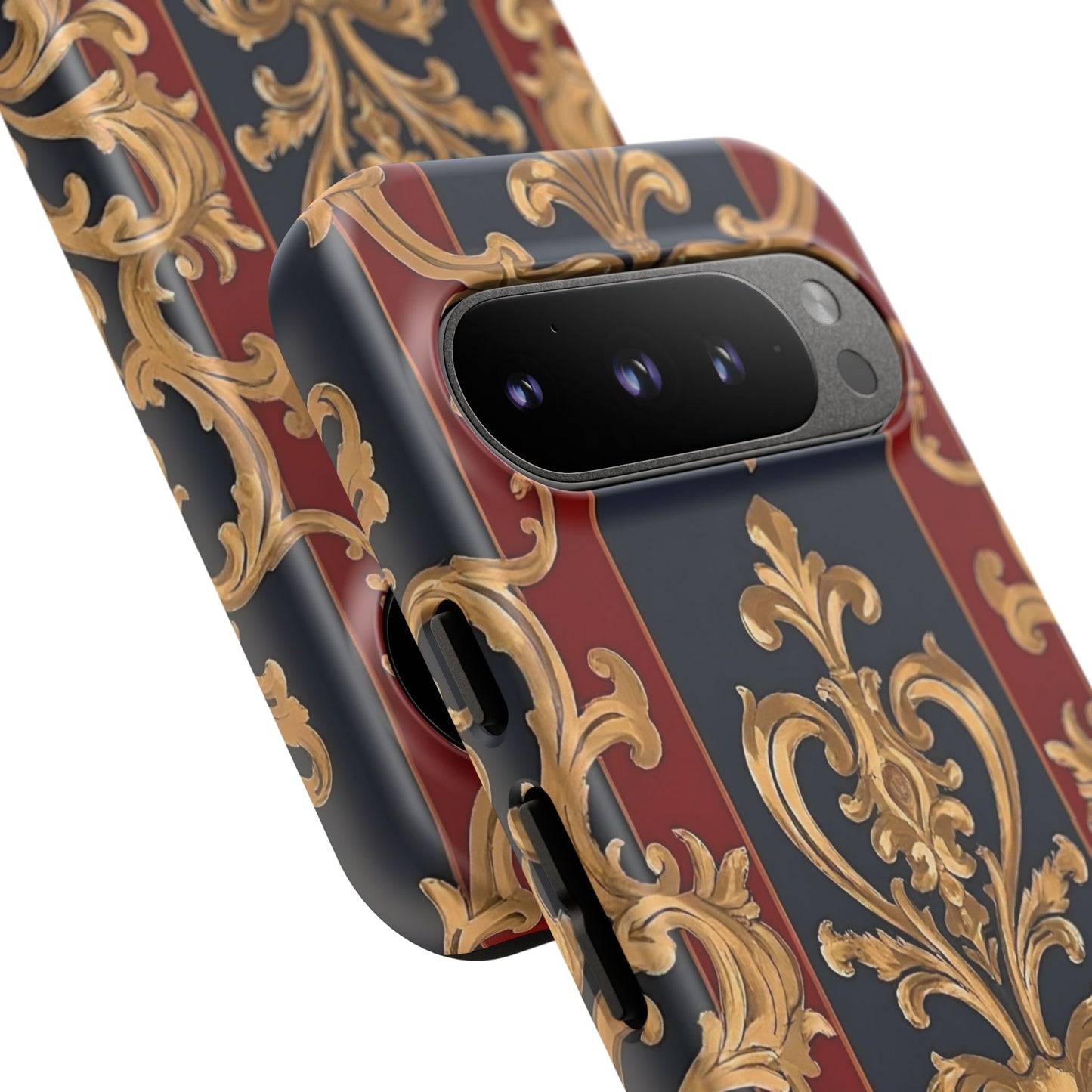 Elegant Floral Motif Phone Case - Tough Cases with Vintage Design - Midnight Blue & Dusk Red Striped Gold Damask