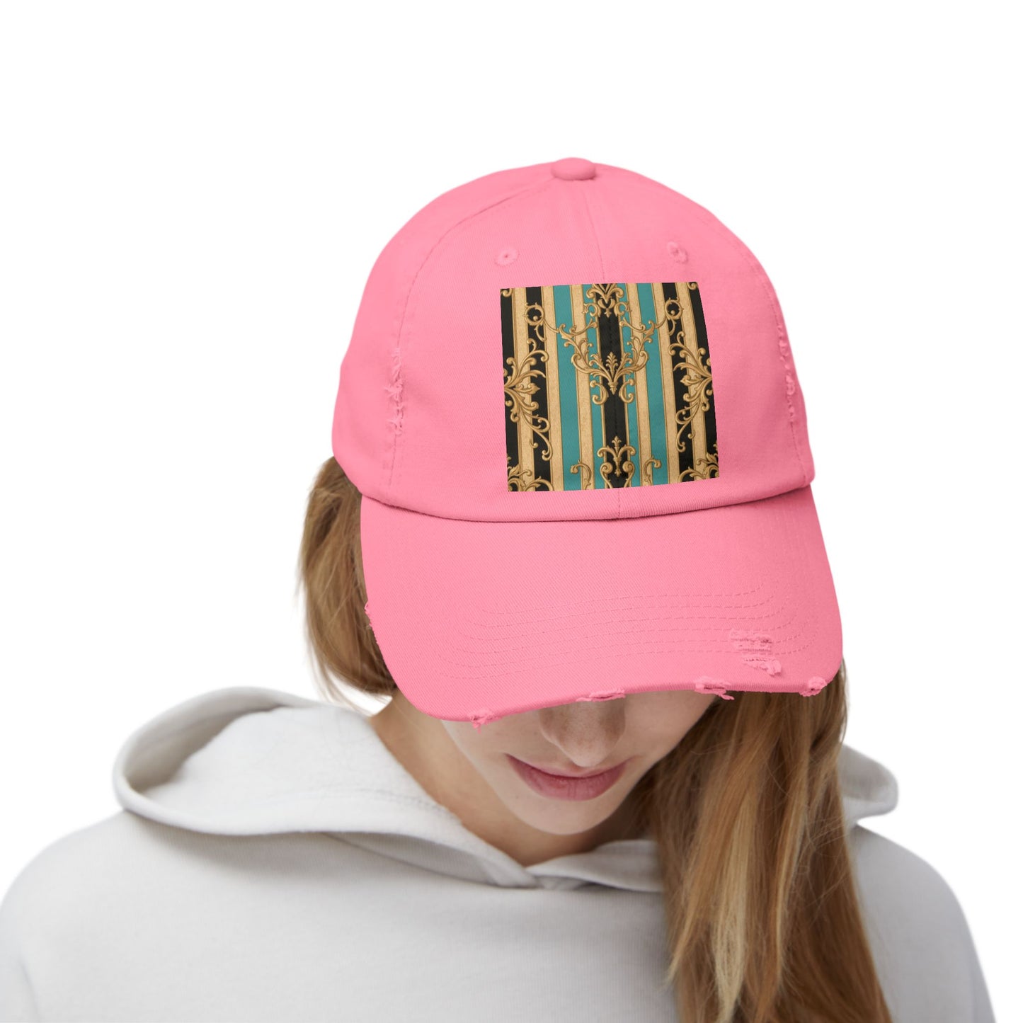 Distressed Black, Tan & Ocean Green Striped Gold Baroque Cap with Elegant Stripe Design | Vintage-Inspired Accessories, Unisex Casual Hat