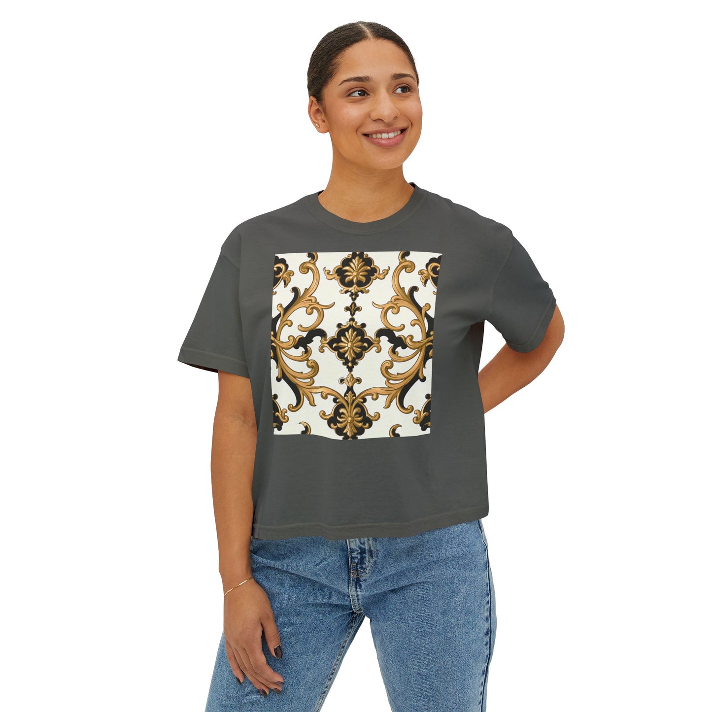 Chic Floral Women's Boxy Tee, Casual Fashion Top, Spring/Summer Essential, Relaxed Fit Tee, Vintage-Inspired Shirt - Black & Gold Rococo