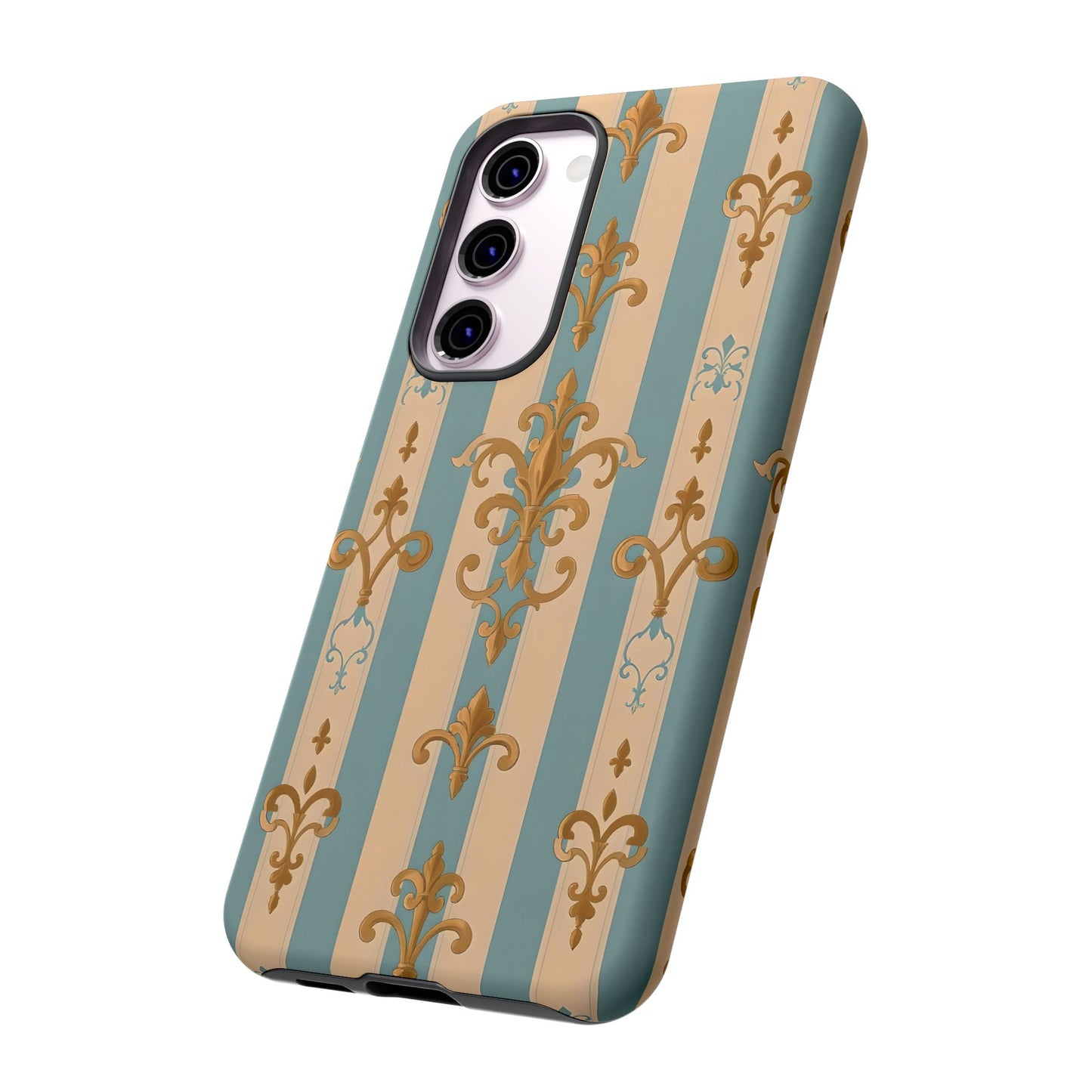Elegant Floral Motif Phone Case - Tough Cases with Vintage Design -  Beige & Sky Blue Striped Gold Damask
