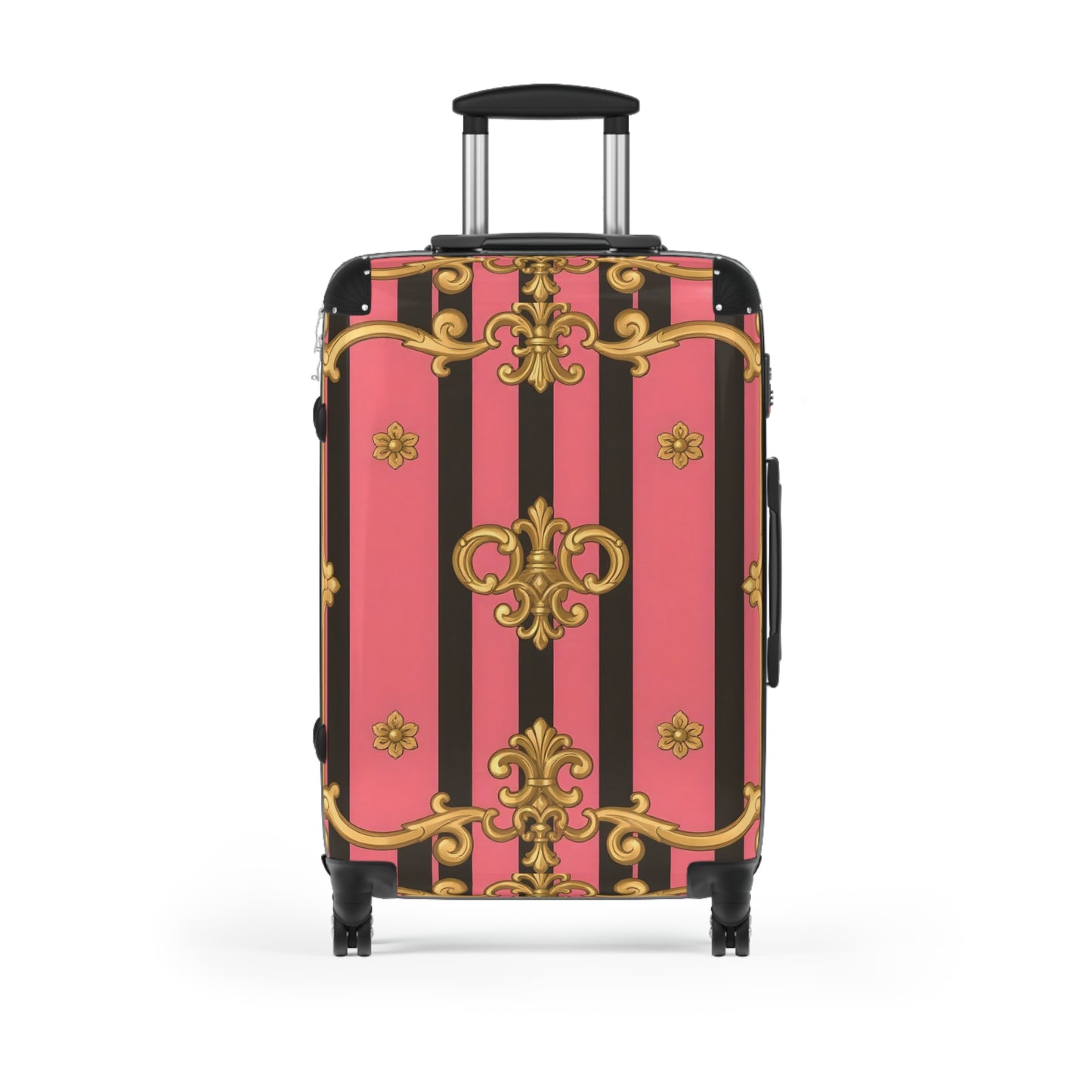 Stylish Pink Striped Suitcase with Gold Accents, Travel Luggage, Vacation Bag - Pink & Black Striped Gold Baroque